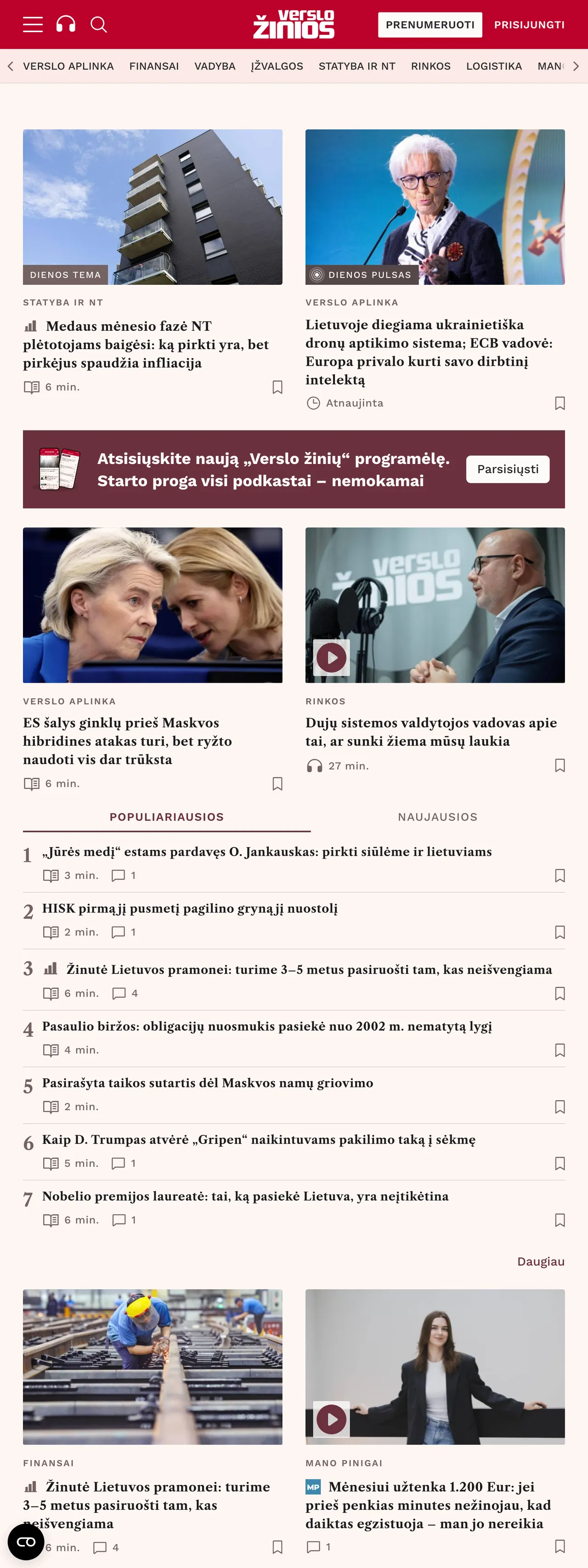 Screenshot of the Verslo žinios front page