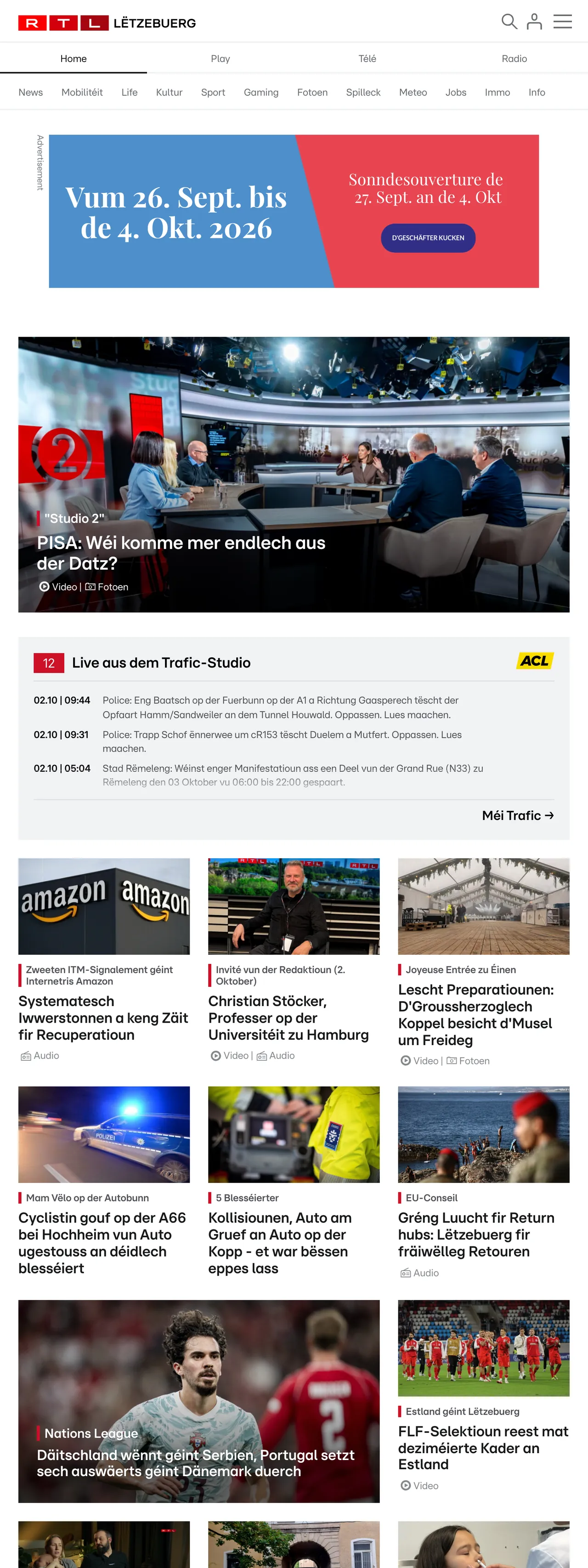 Screenshot of the RTL Lëtzebuerg front page