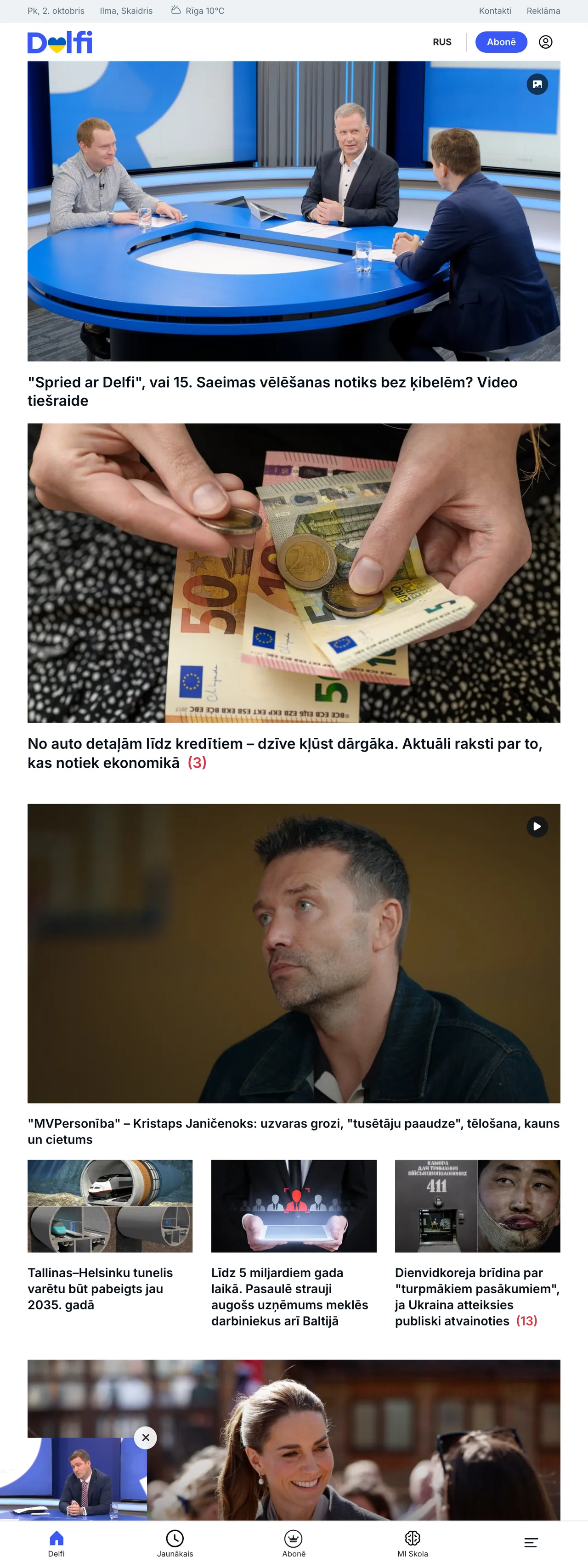 Screenshot of the Delfi front page
