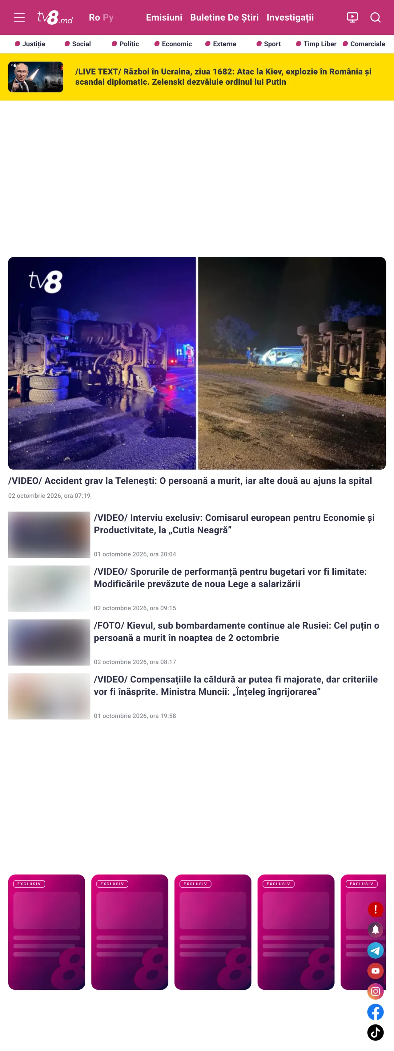Screenshot of the TV8 front page