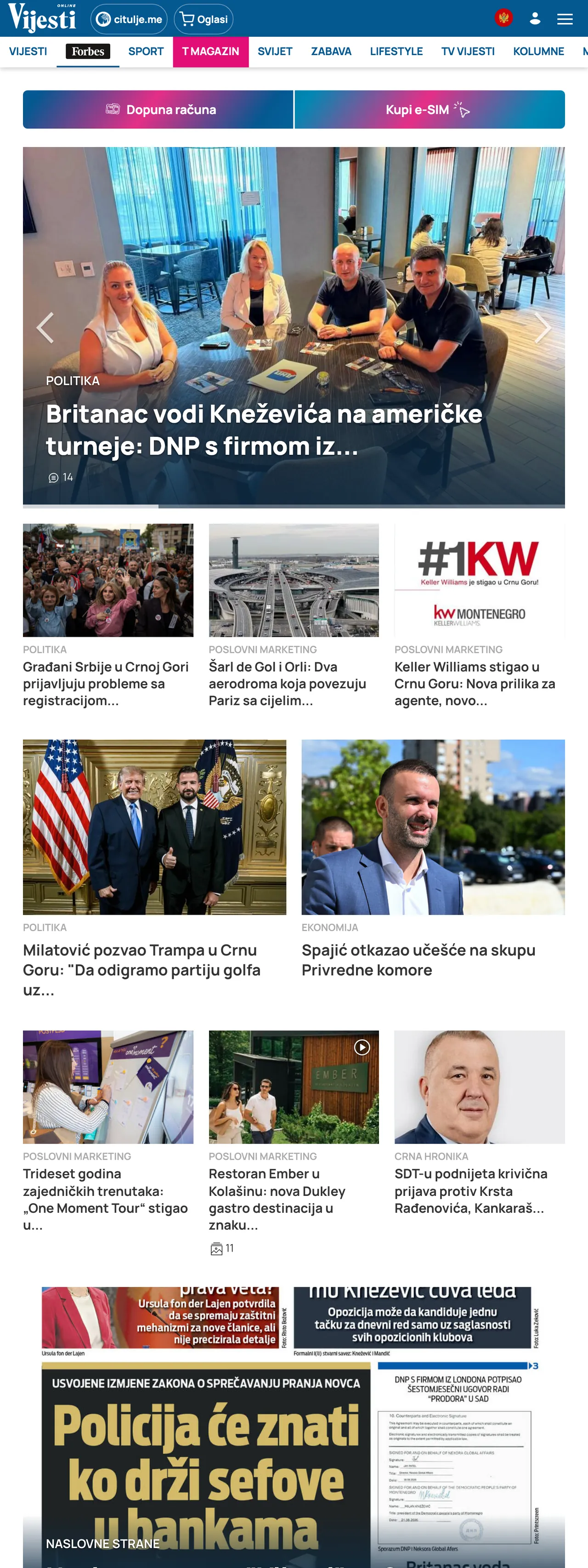 Screenshot of the Vijesti front page