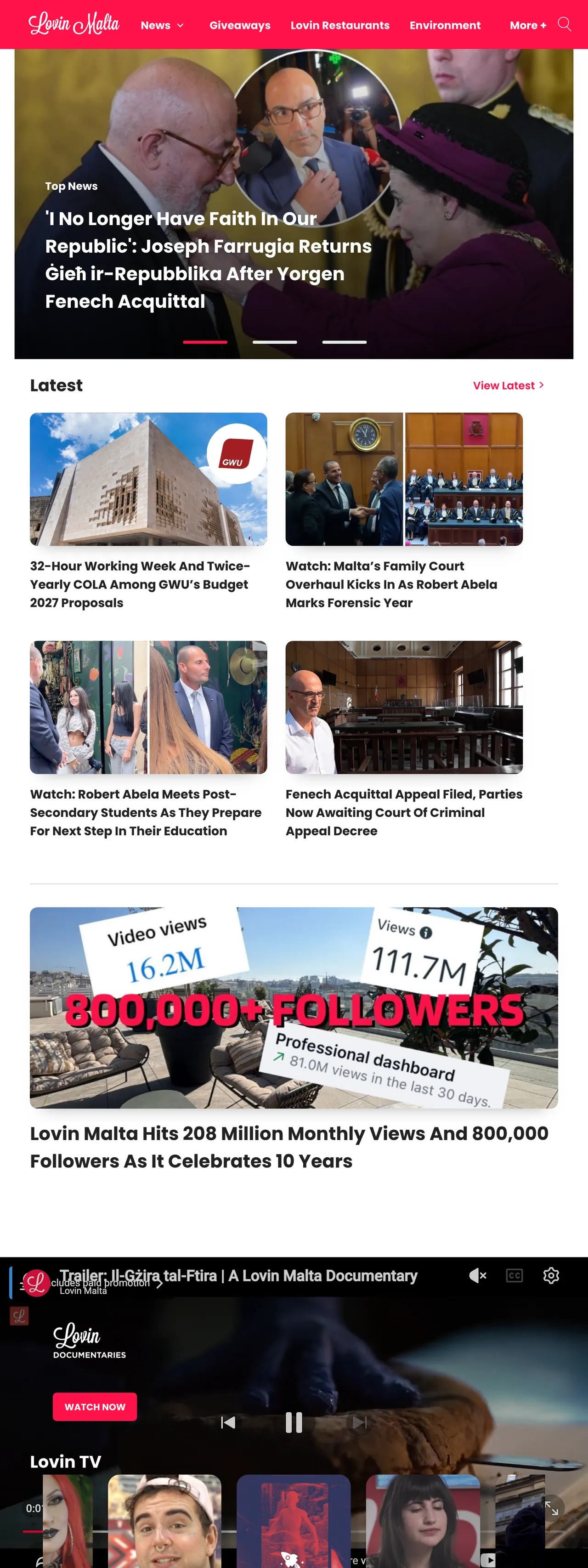 Screenshot of the Lovin Malta front page