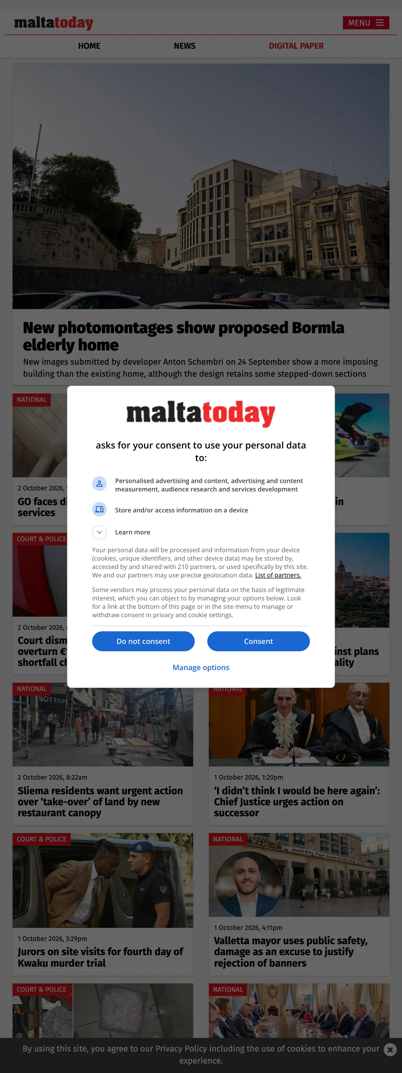 Screenshot of the Malta Today front page