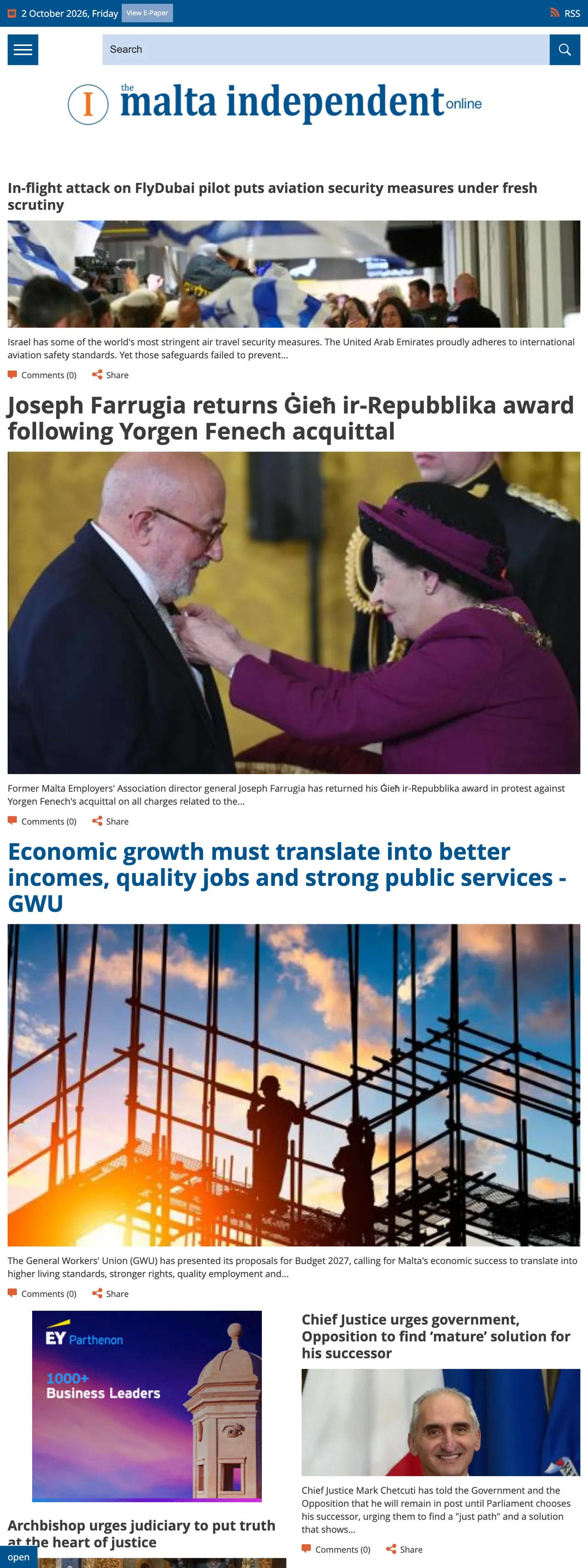 Screenshot of the The Malta Independent front page