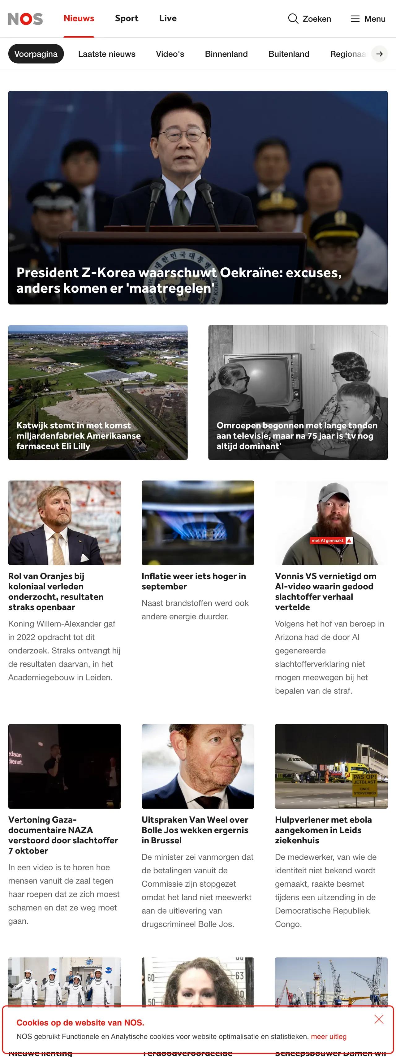 Screenshot of the NOS front page