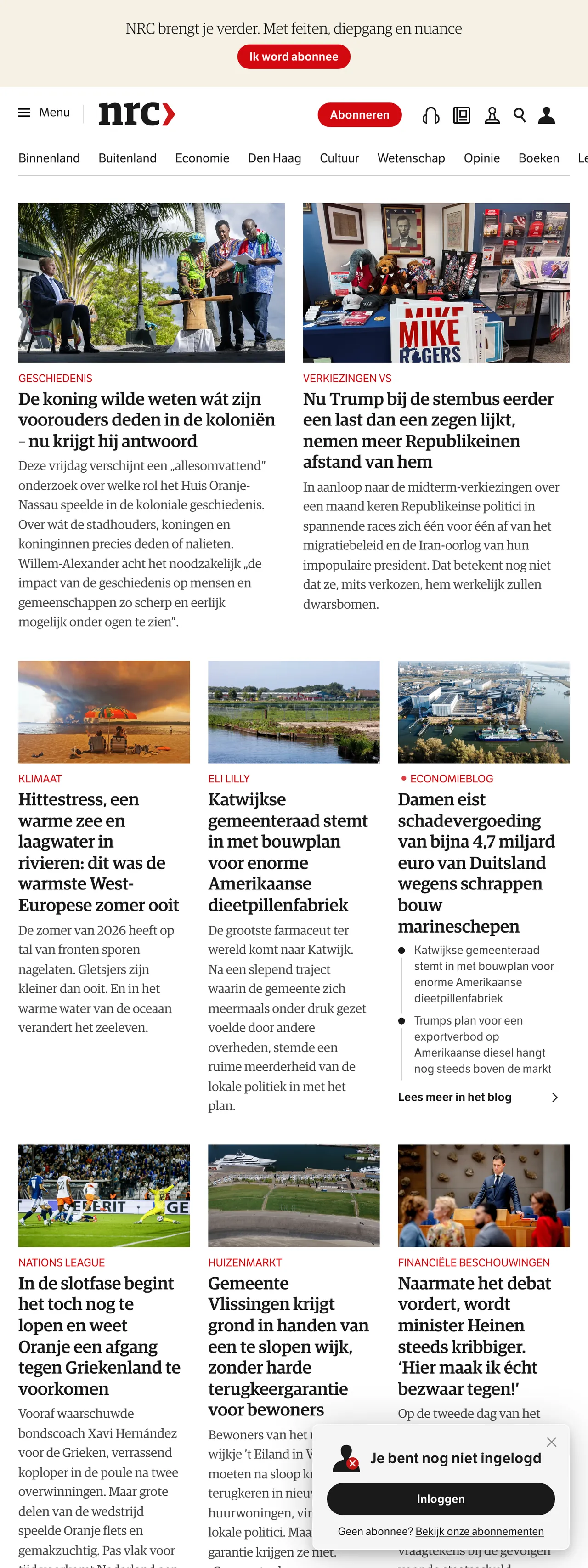 Screenshot of the NRC front page