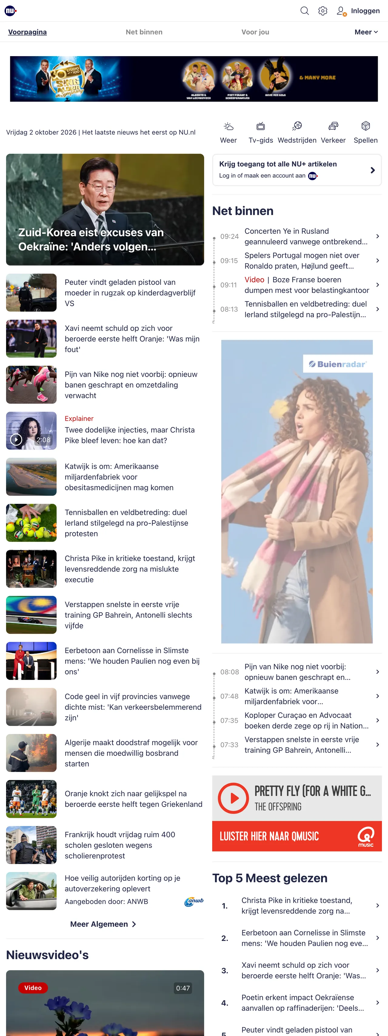 Screenshot of the NU.nl front page