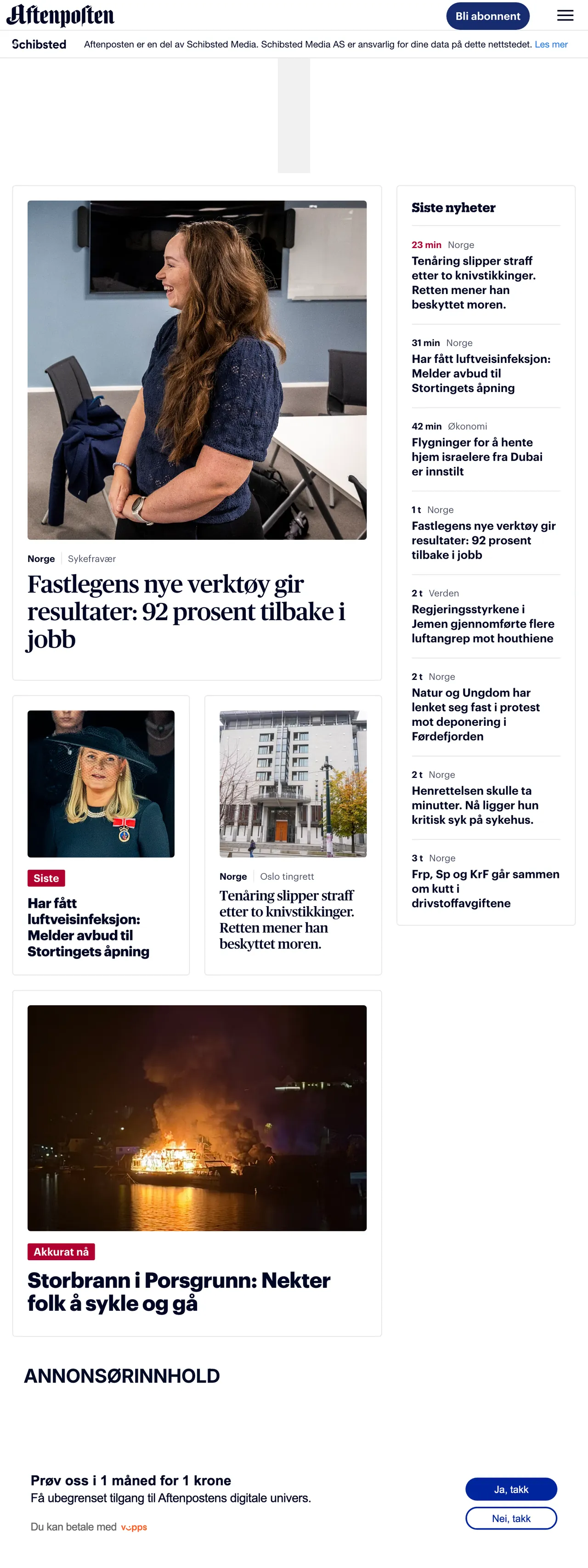 Screenshot of the Aftenposten front page