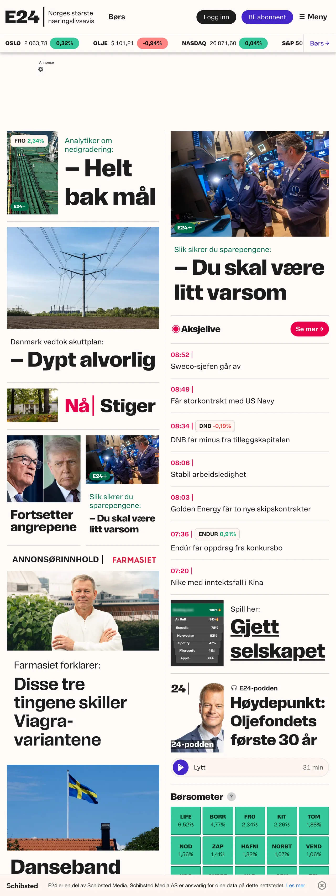 Screenshot of the E24 front page