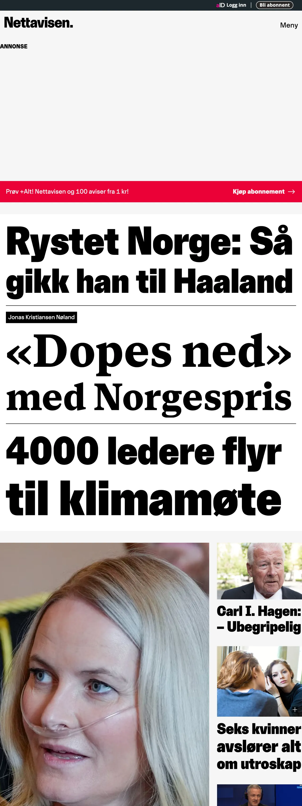 Screenshot of the Nettavisen front page