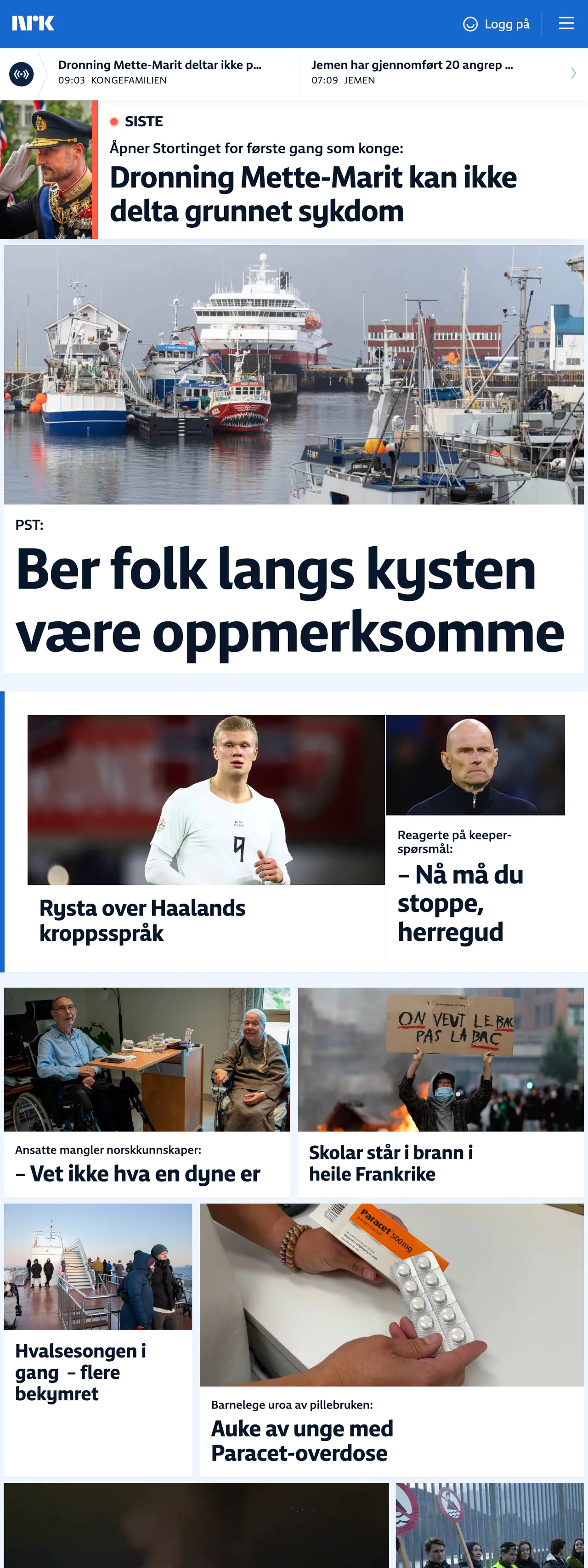 Screenshot of the NRK front page