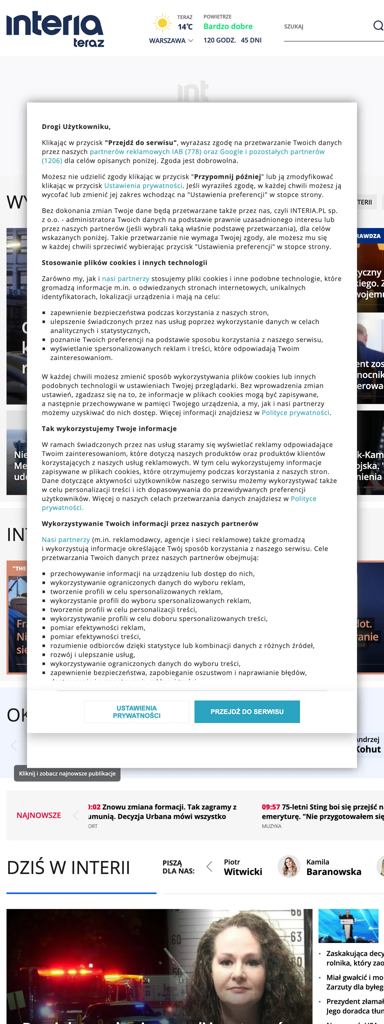 Screenshot of the Interia front page