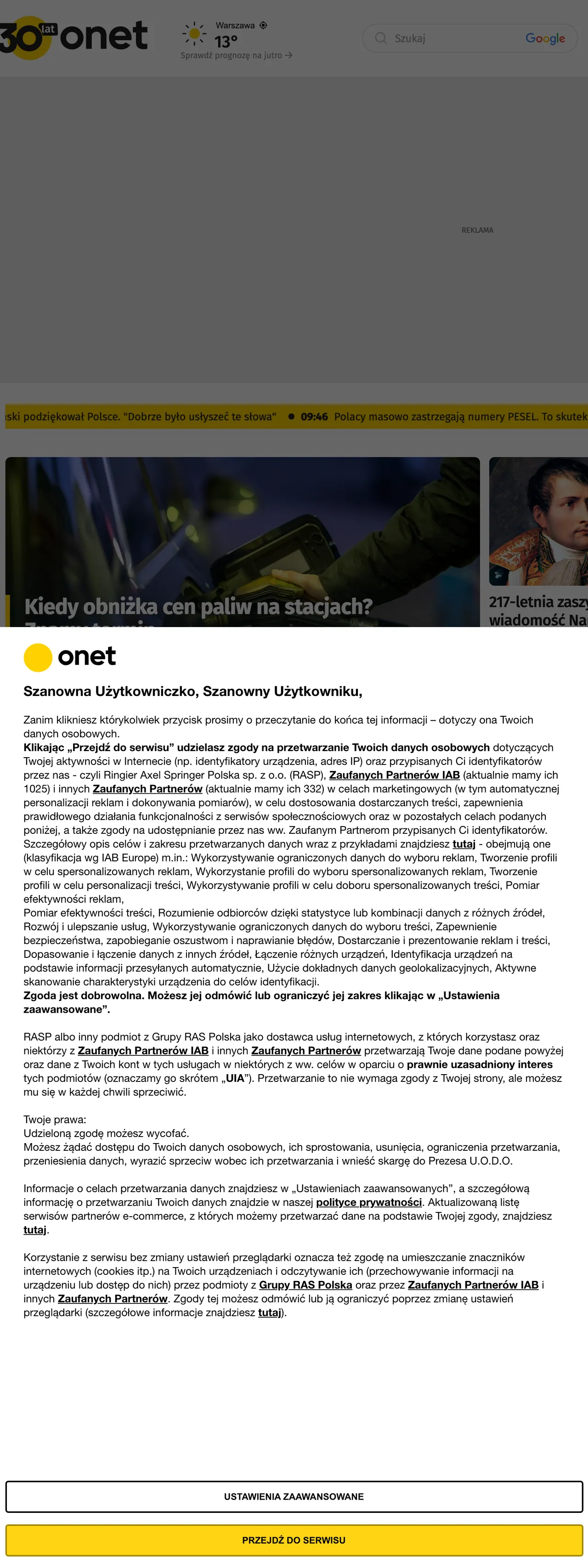 Screenshot of the Onet front page