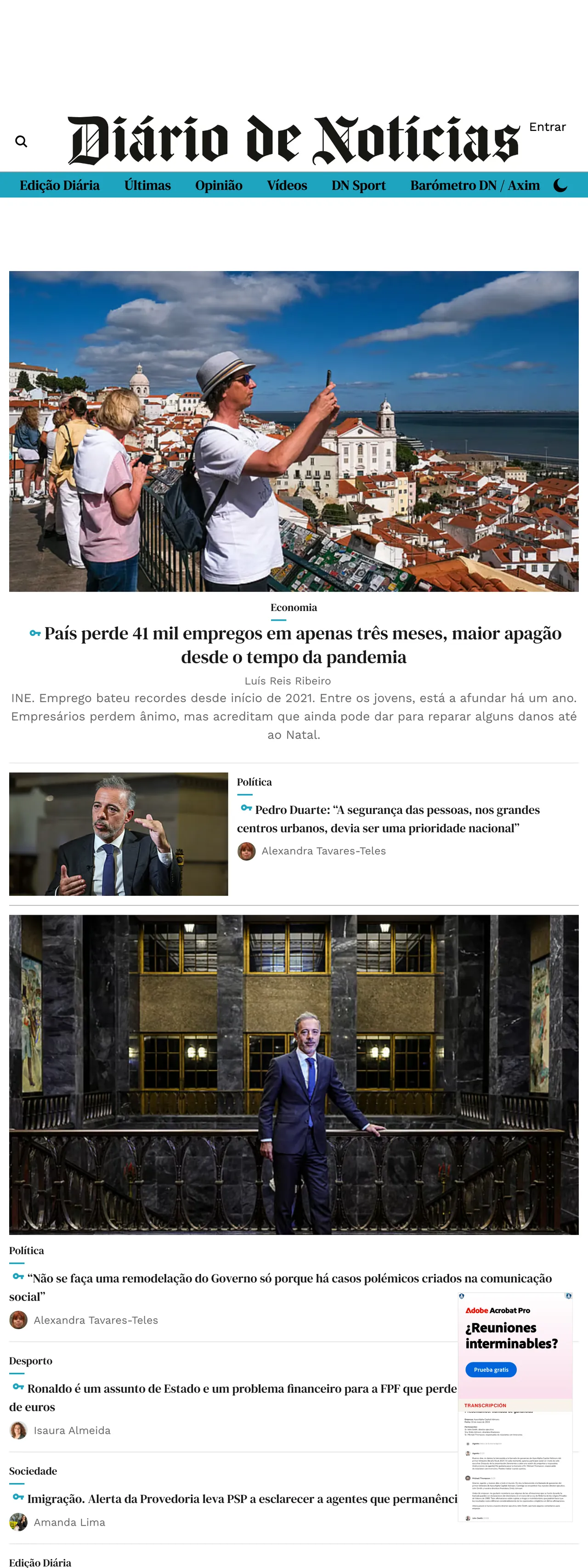 Screenshot of the Diário de Notícias front page
