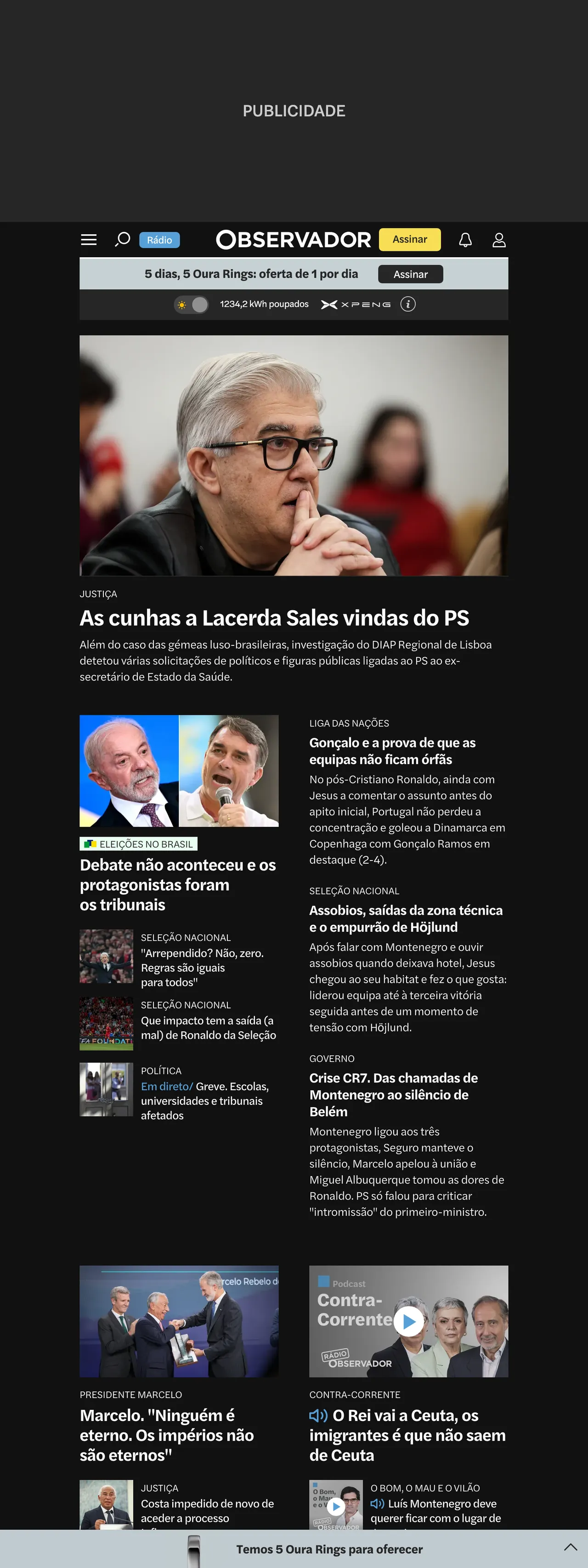 Screenshot of the Observador front page