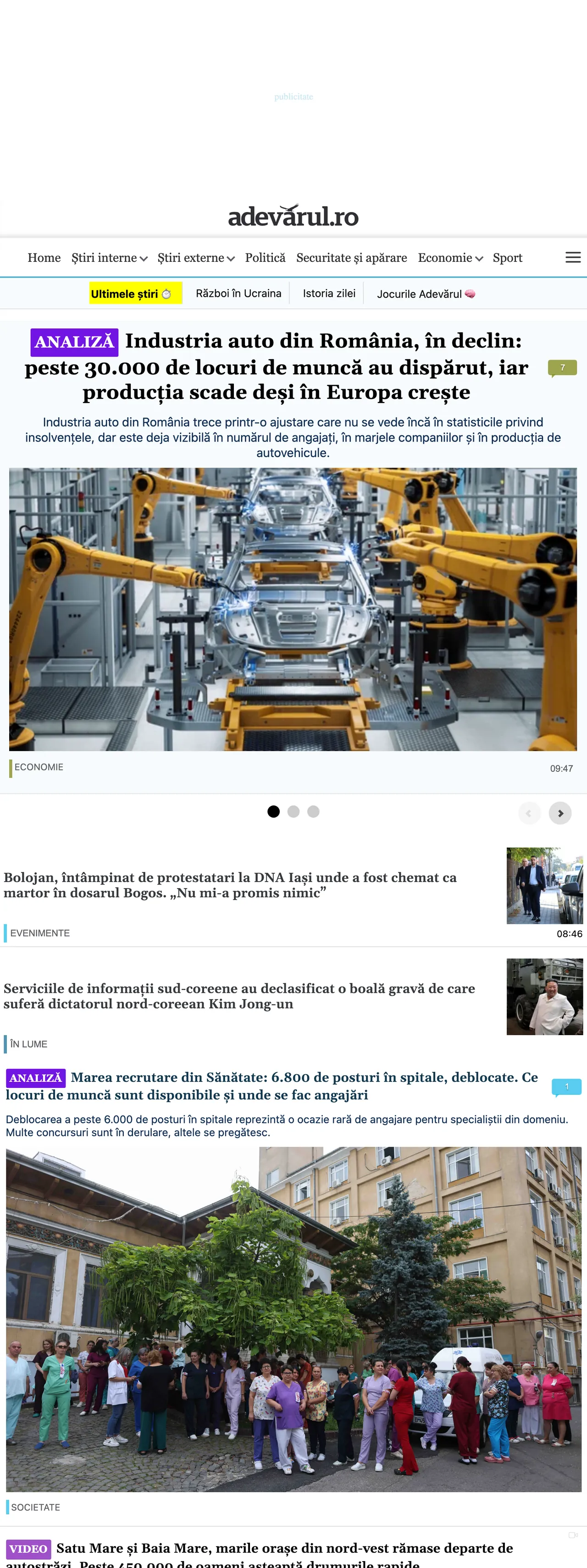 Screenshot of the Adevărul front page