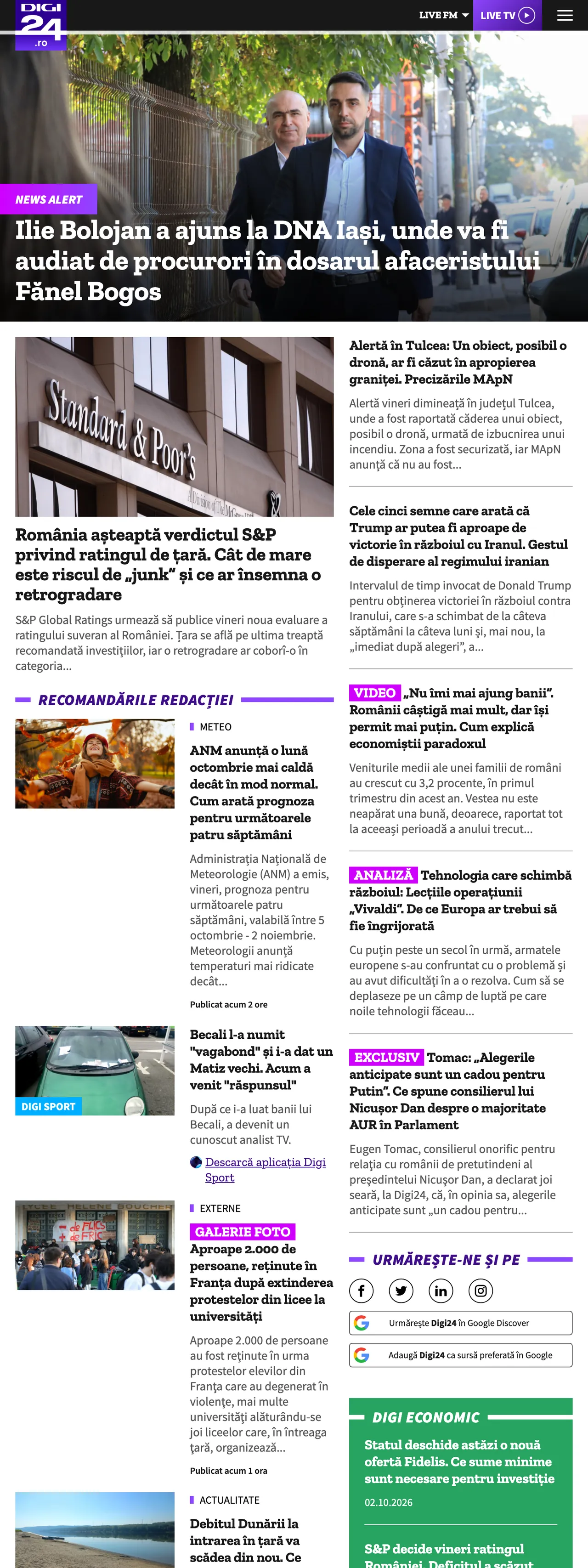 Screenshot of the Digi24 front page