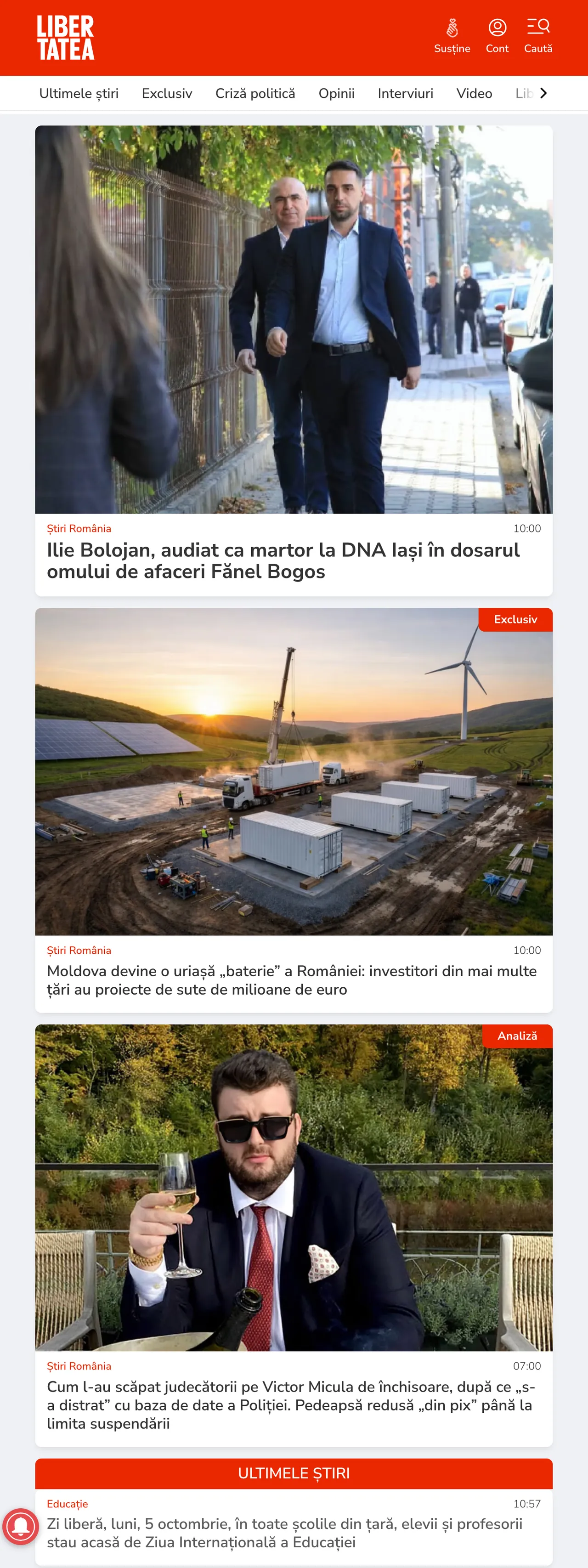 Screenshot of the Libertatea front page