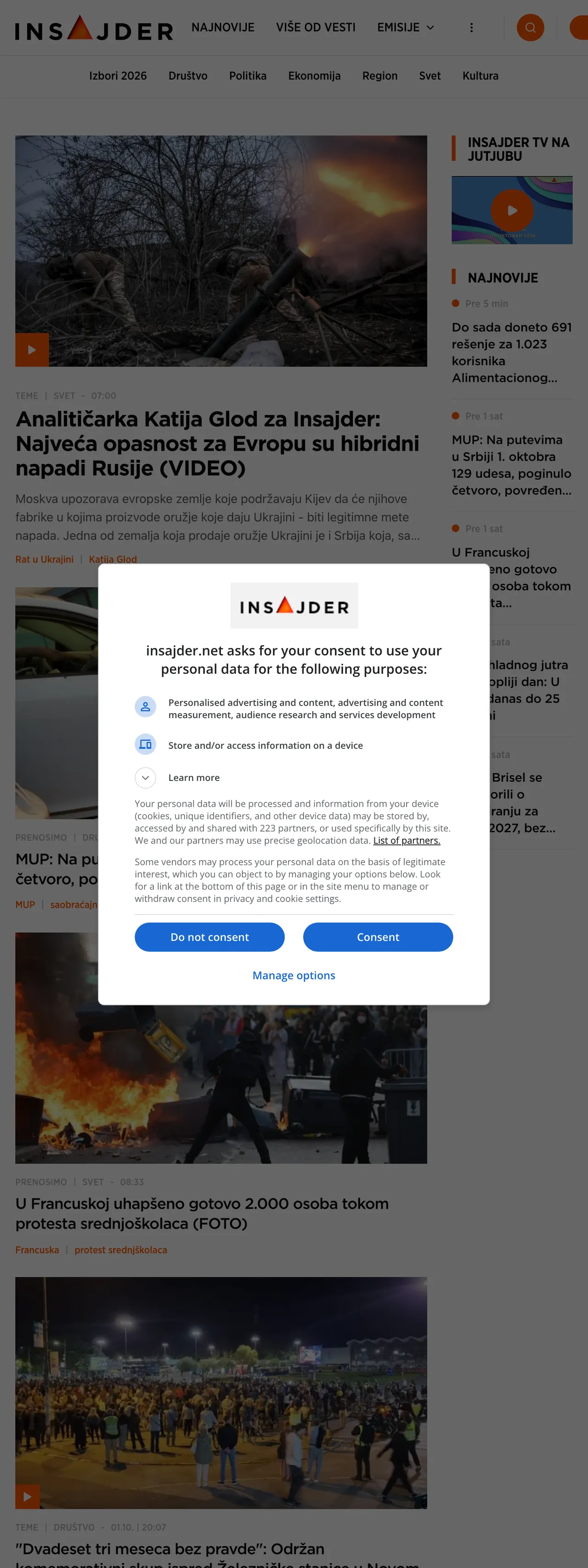 Screenshot of the Insajder front page