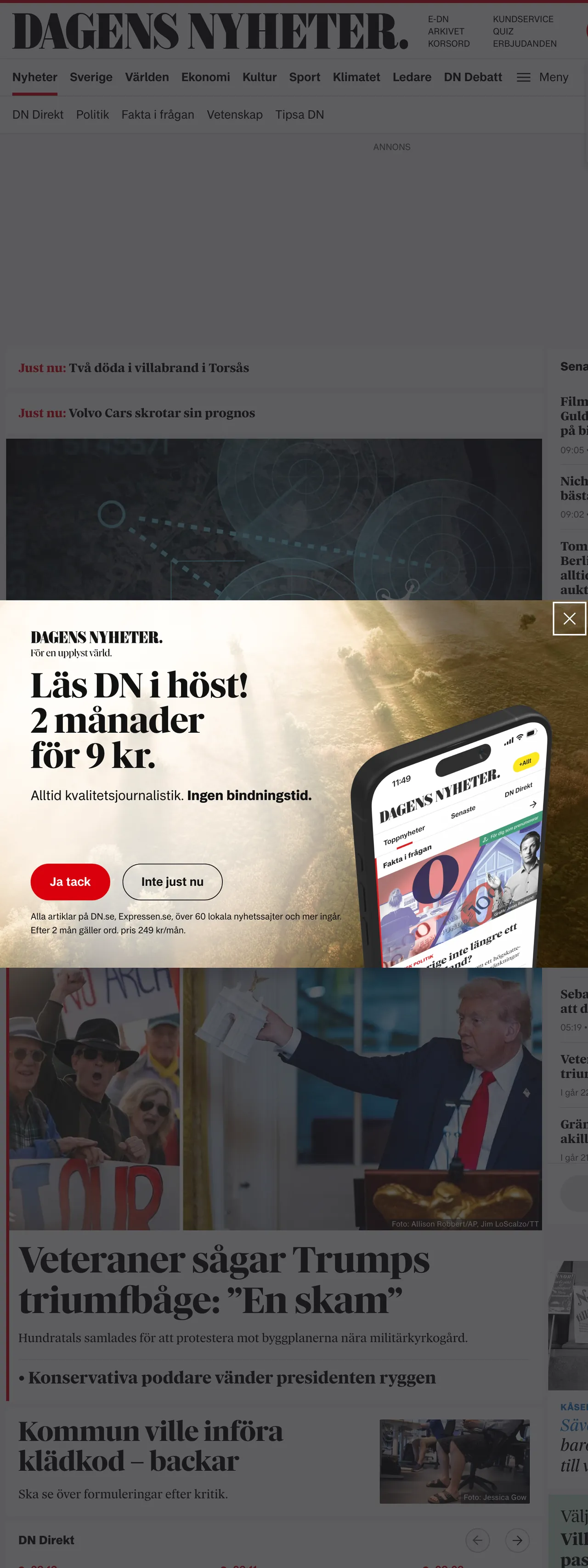 Screenshot of the Dagens Nyheter front page