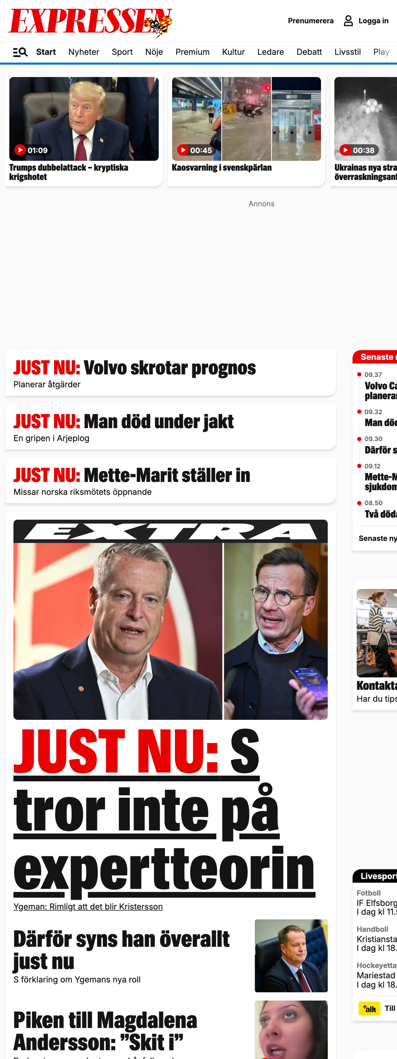 Screenshot of the Expressen front page