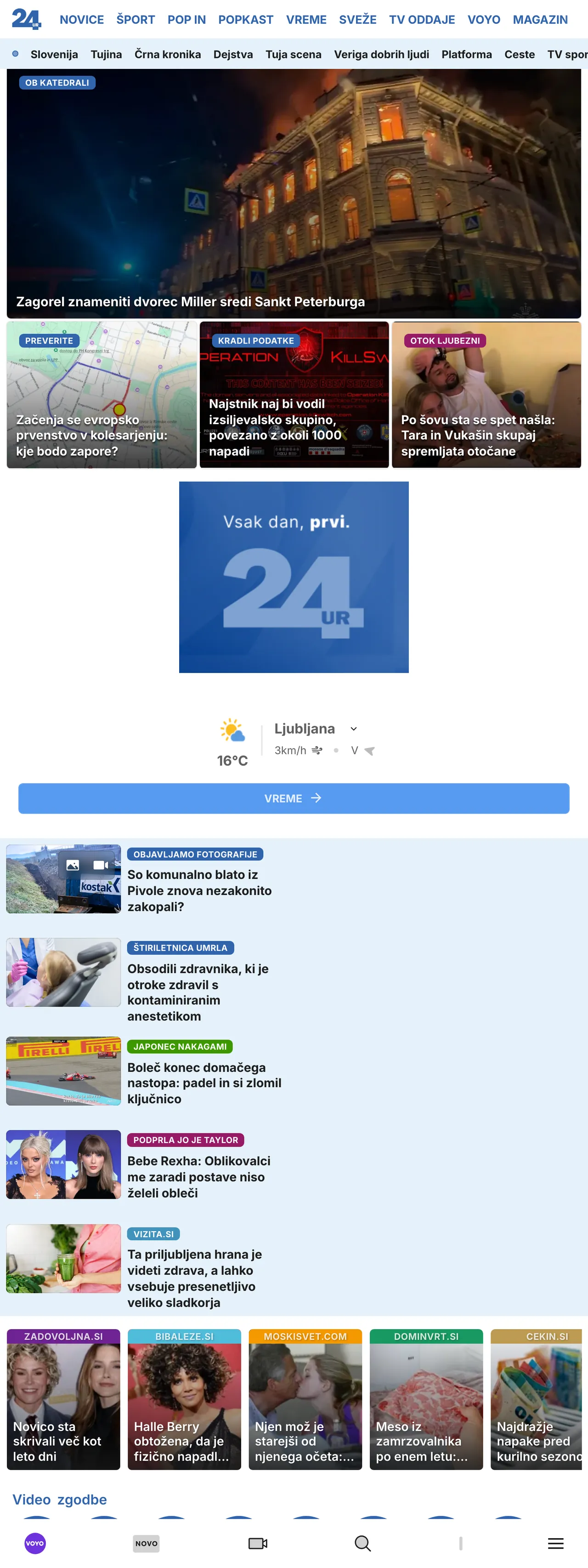 Screenshot of the 24ur front page