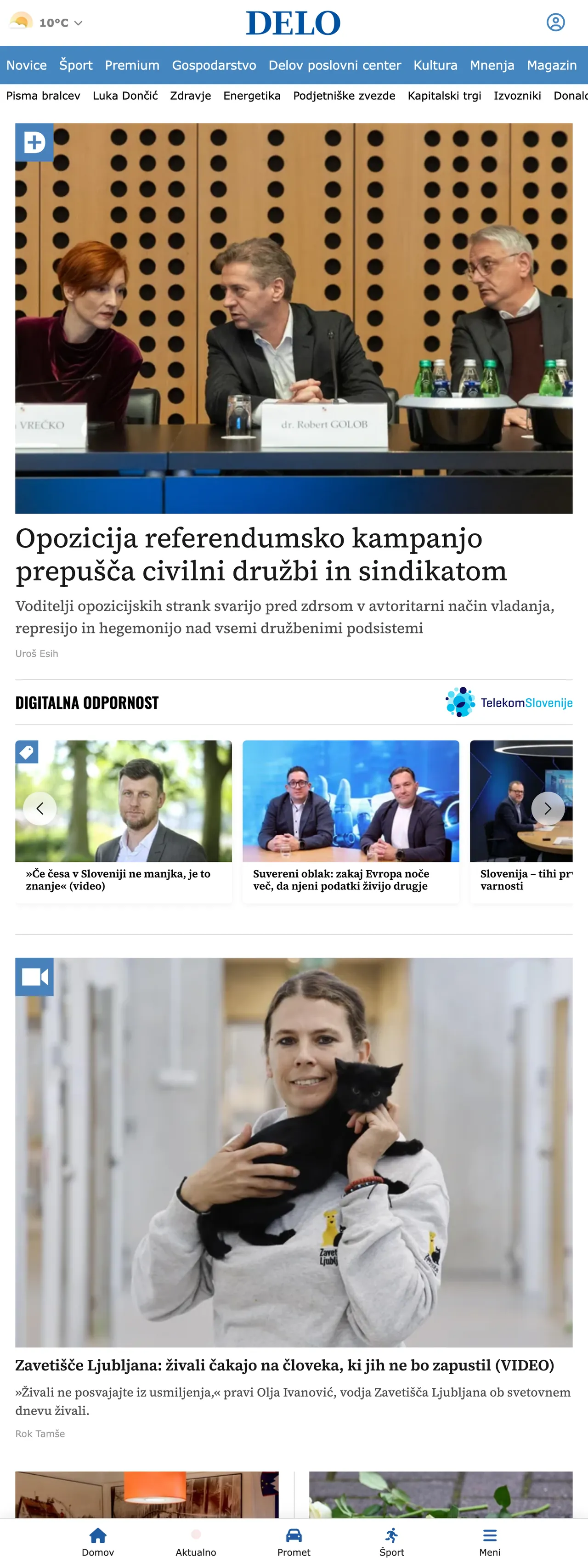 Screenshot of the Delo front page