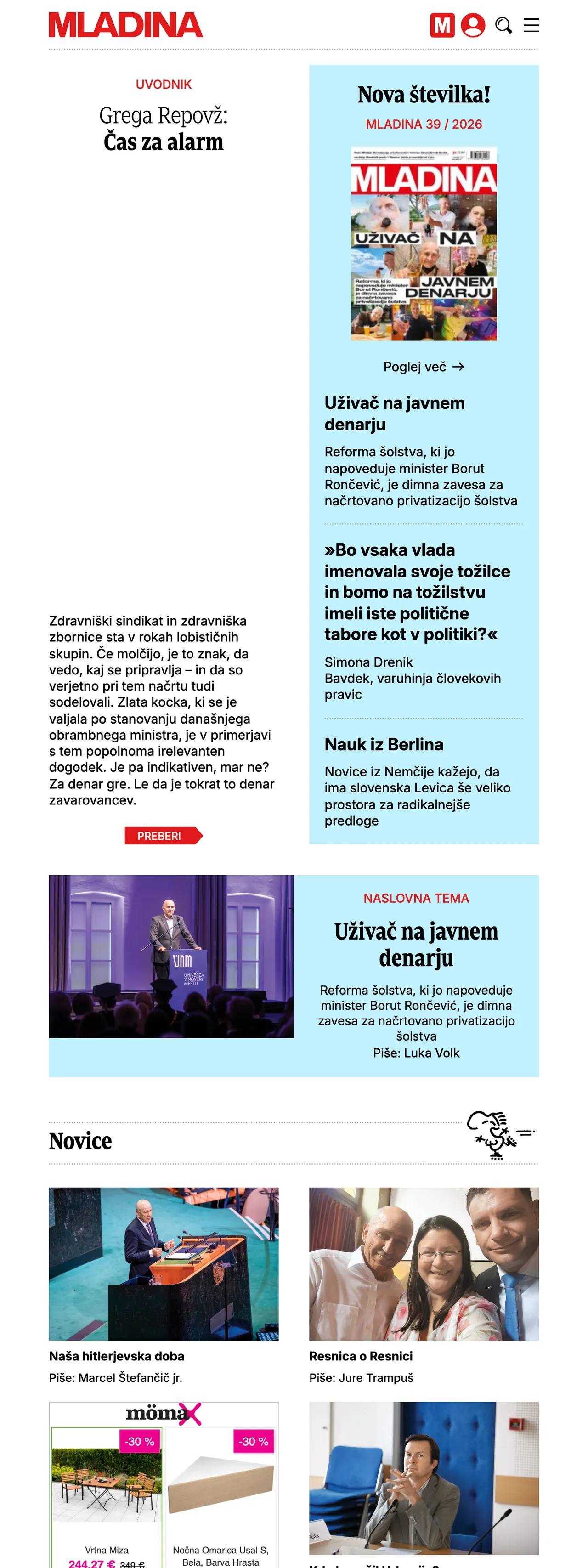 Screenshot of the Mladina front page