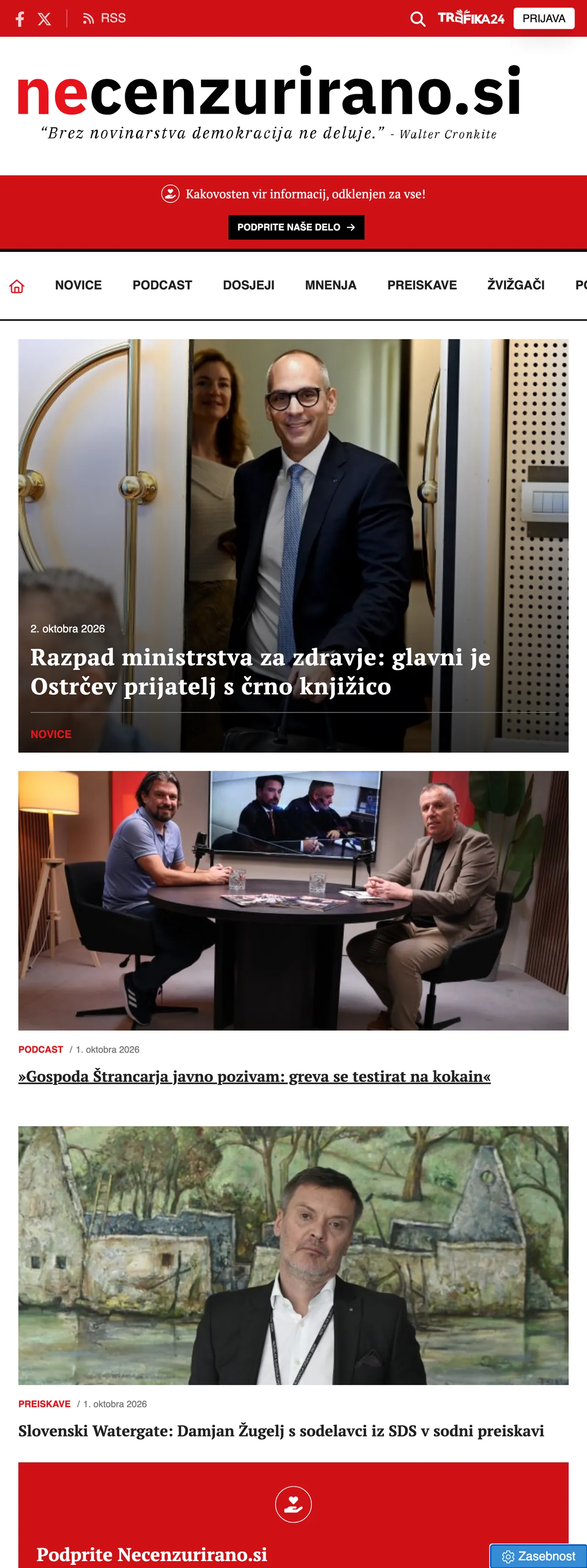 Screenshot of the Necenzurirano front page