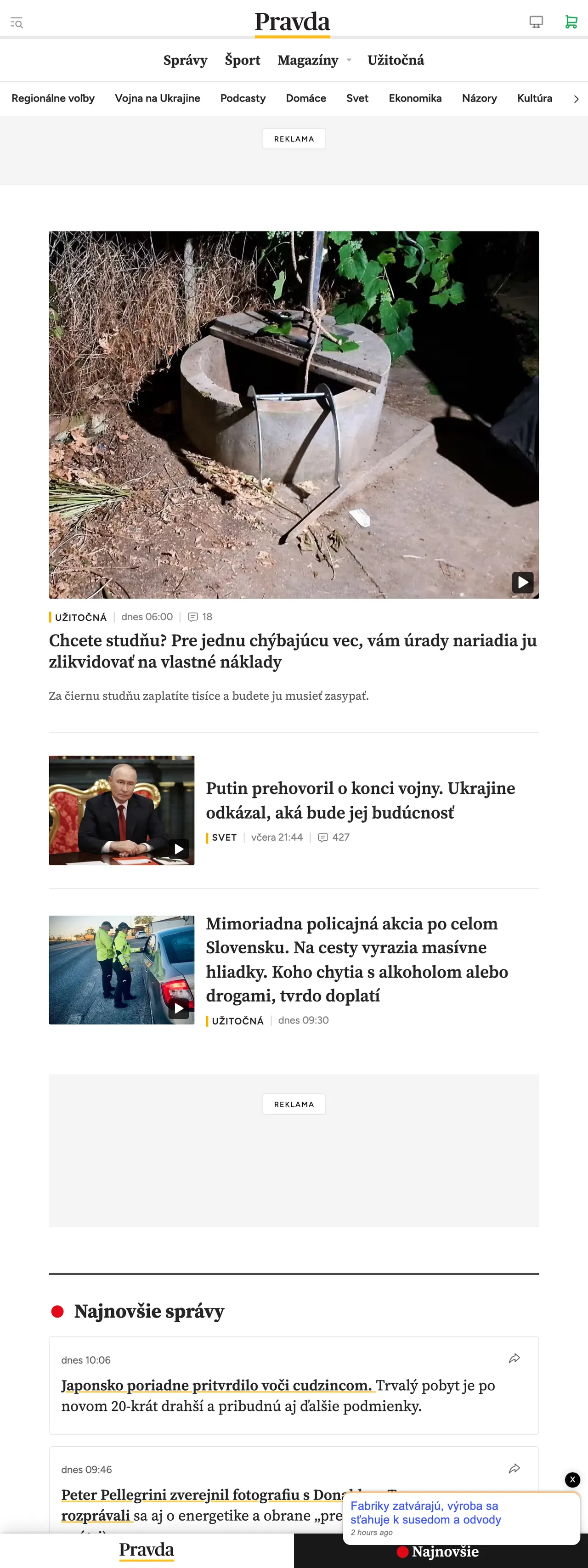 Screenshot of the Pravda front page
