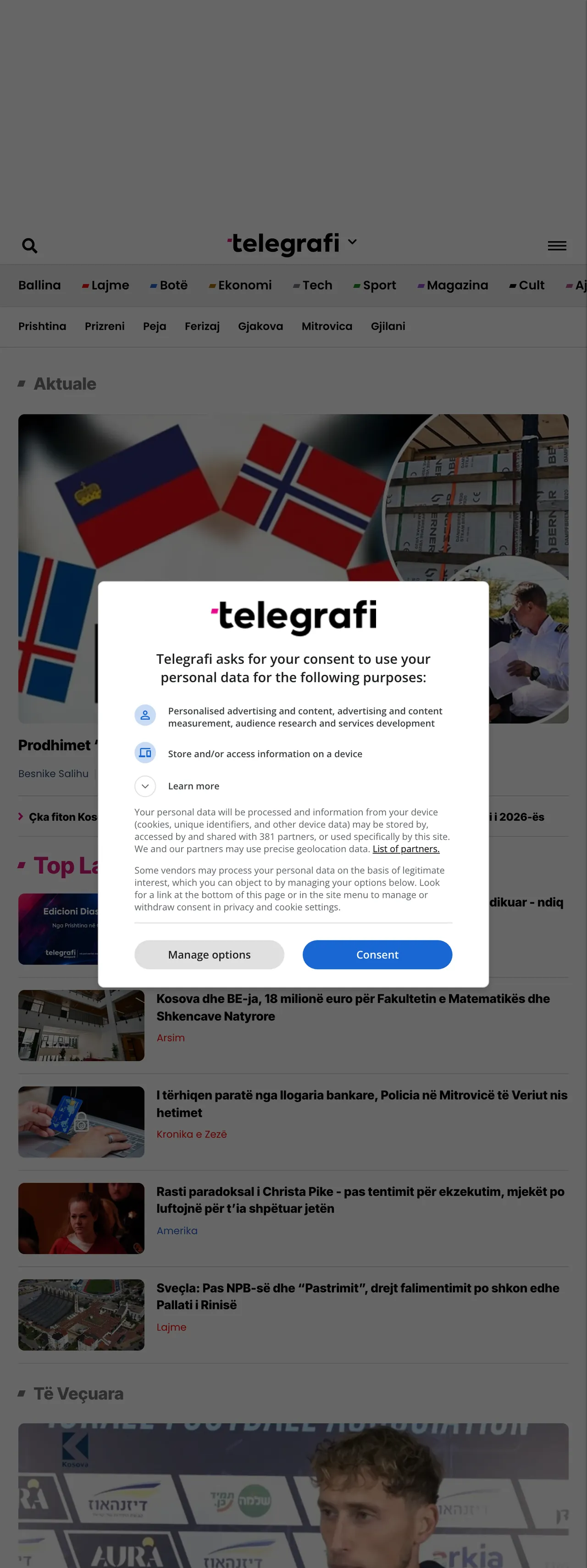 Screenshot of the Telegrafi front page