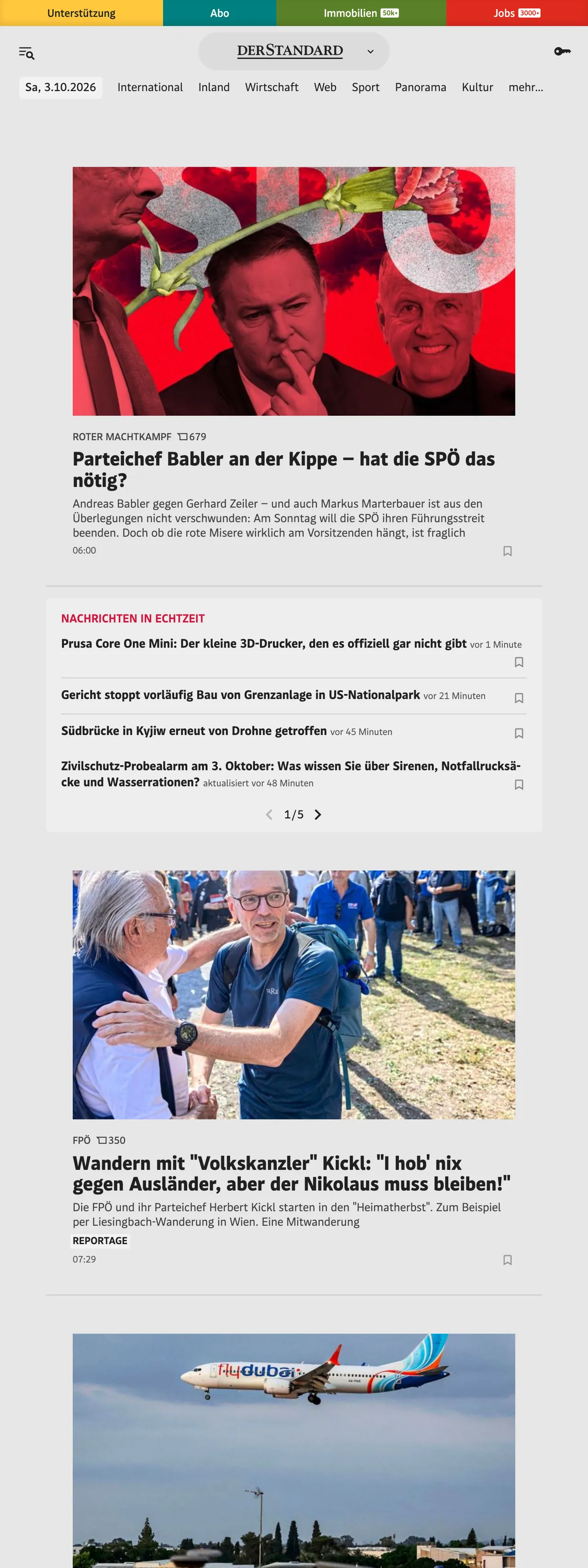 Screenshot of the DER STANDARD front page