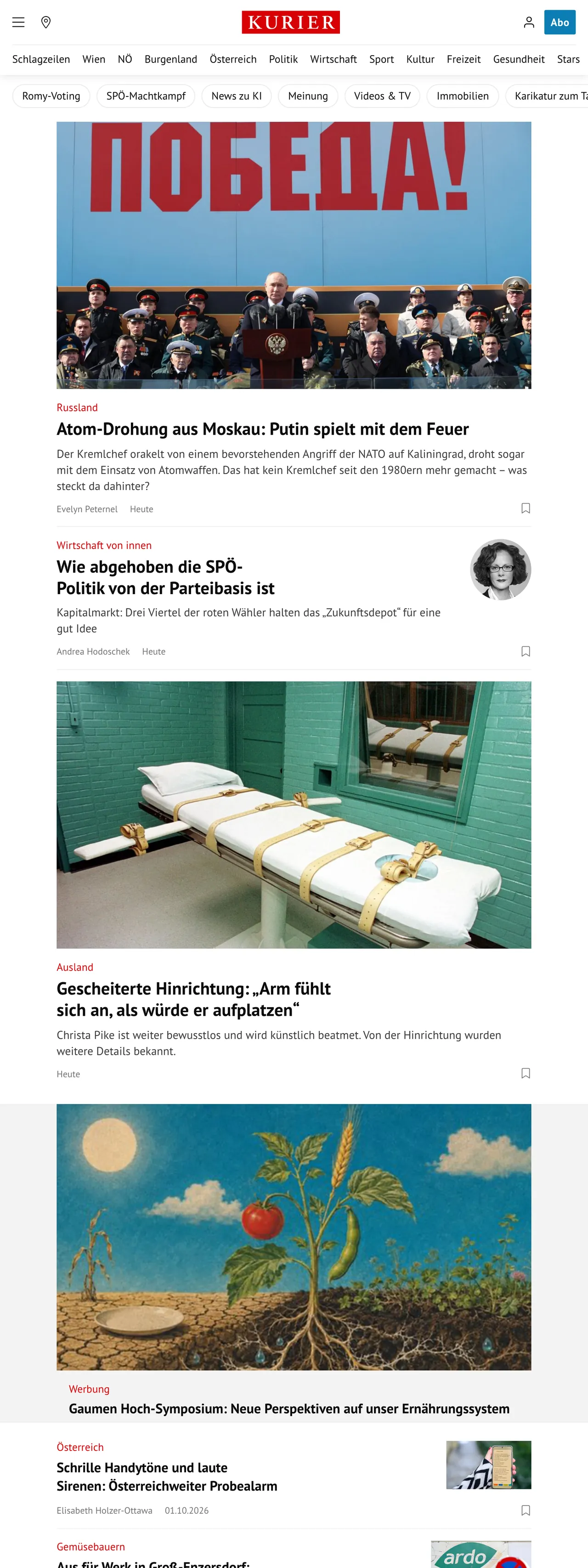 Screenshot of the Kurier front page