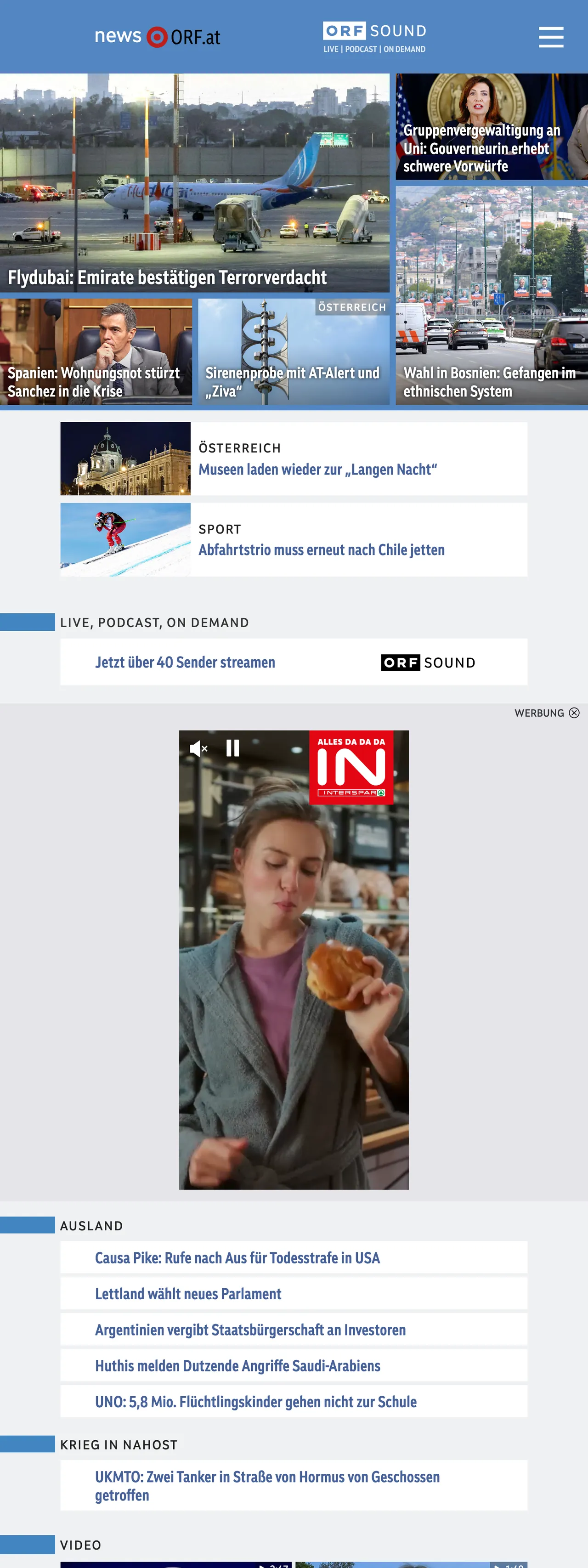 Screenshot of the ORF front page