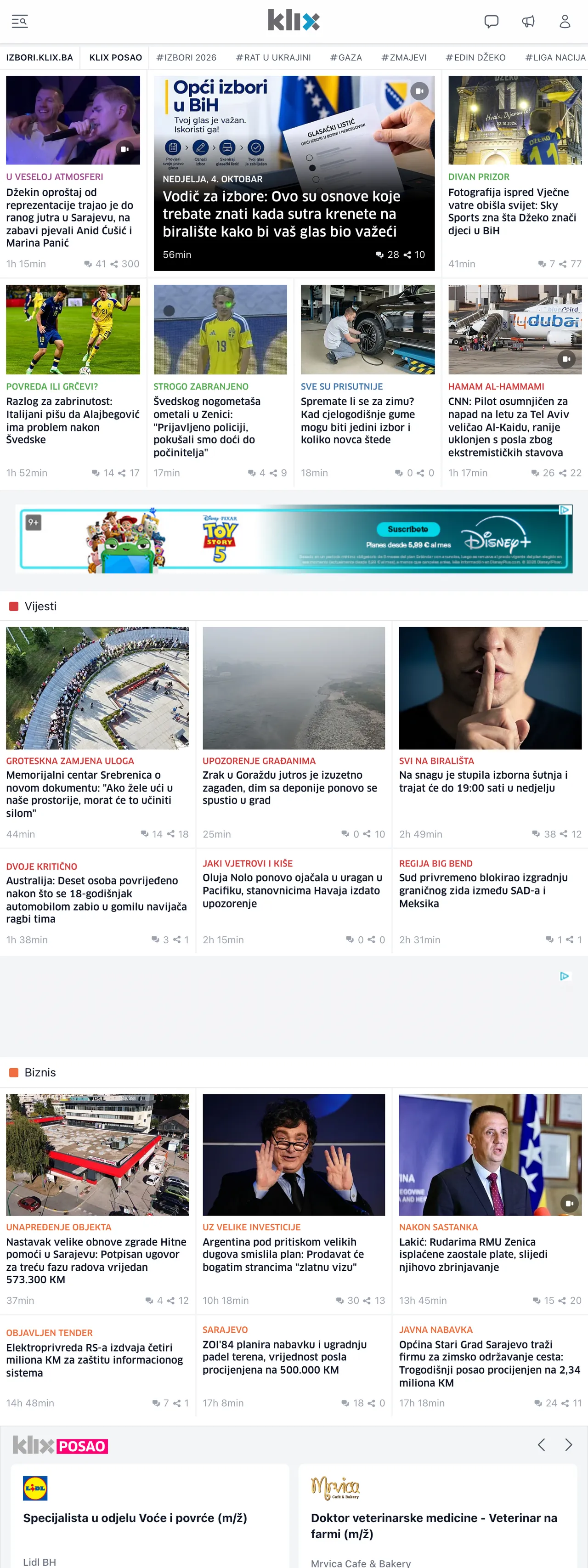 Screenshot of the Klix.ba front page