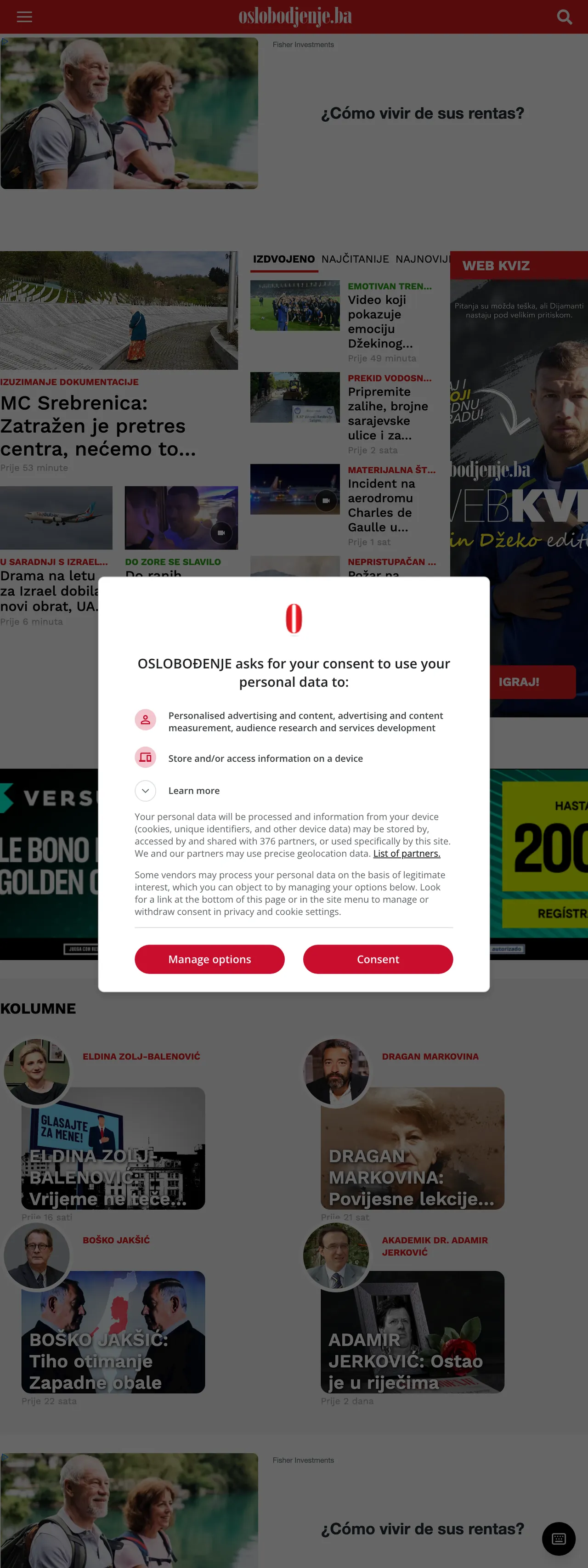 Screenshot of the Oslobođenje front page