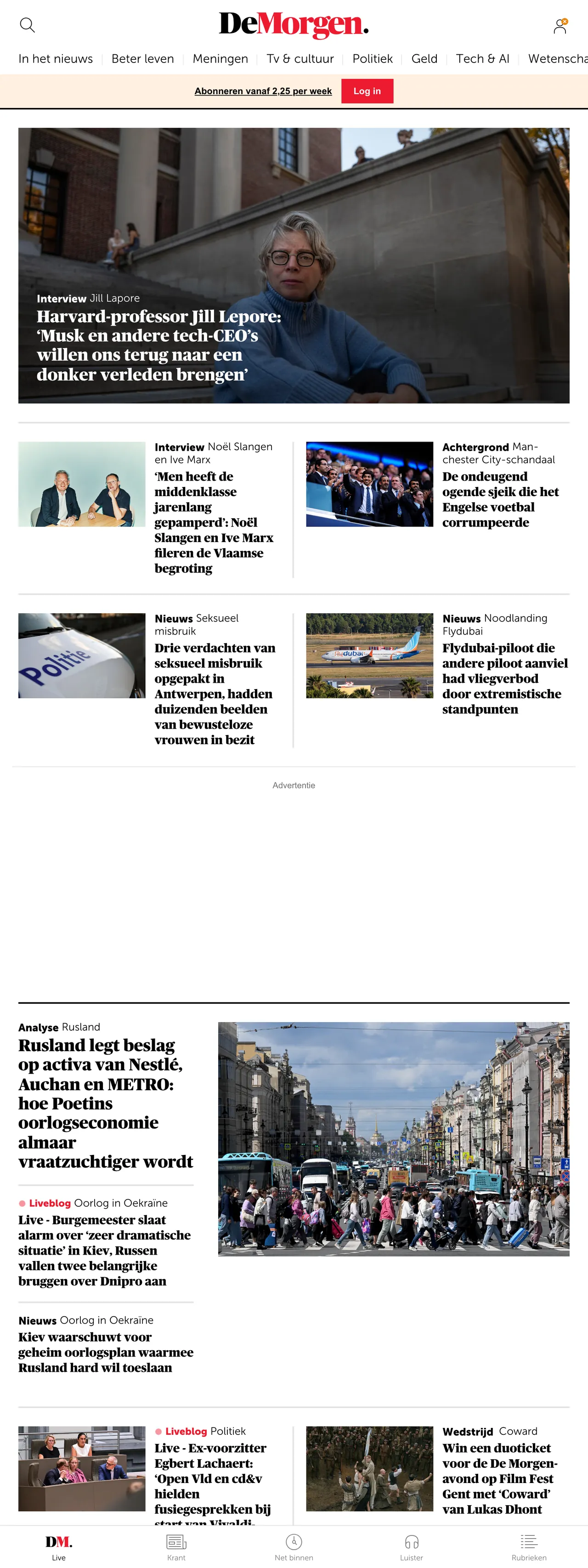 Screenshot of the De Morgen front page