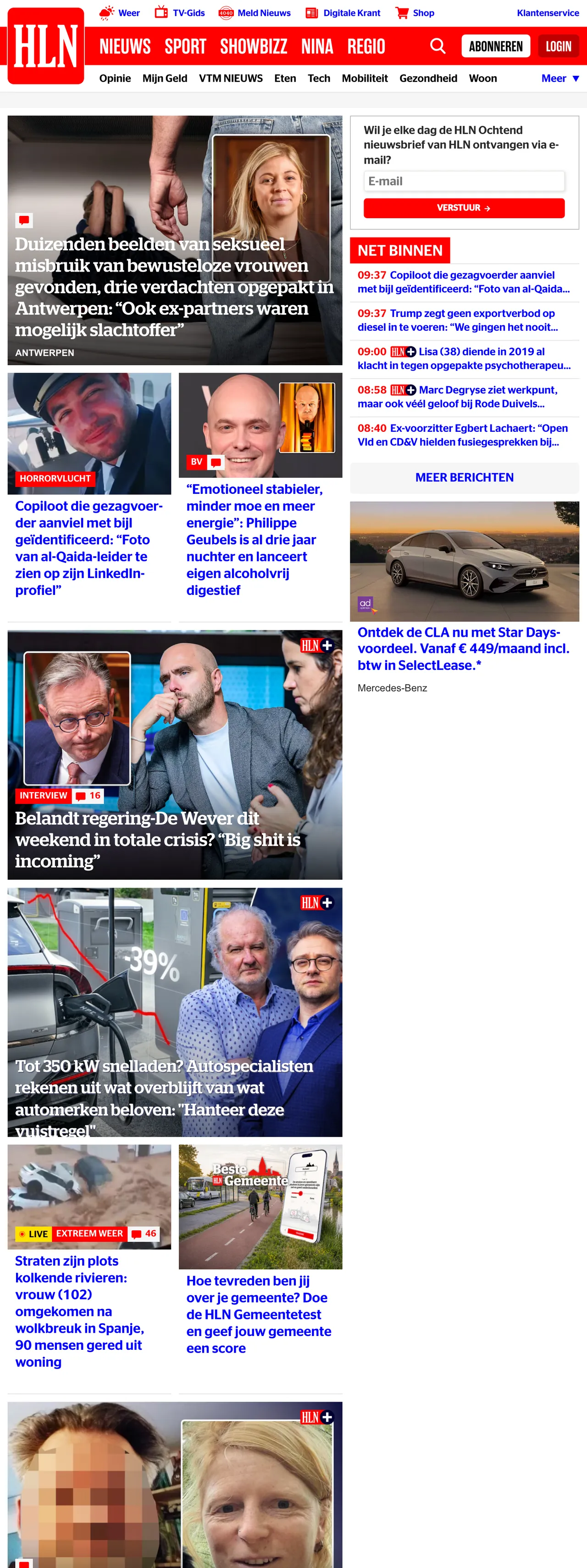 Screenshot of the HLN front page