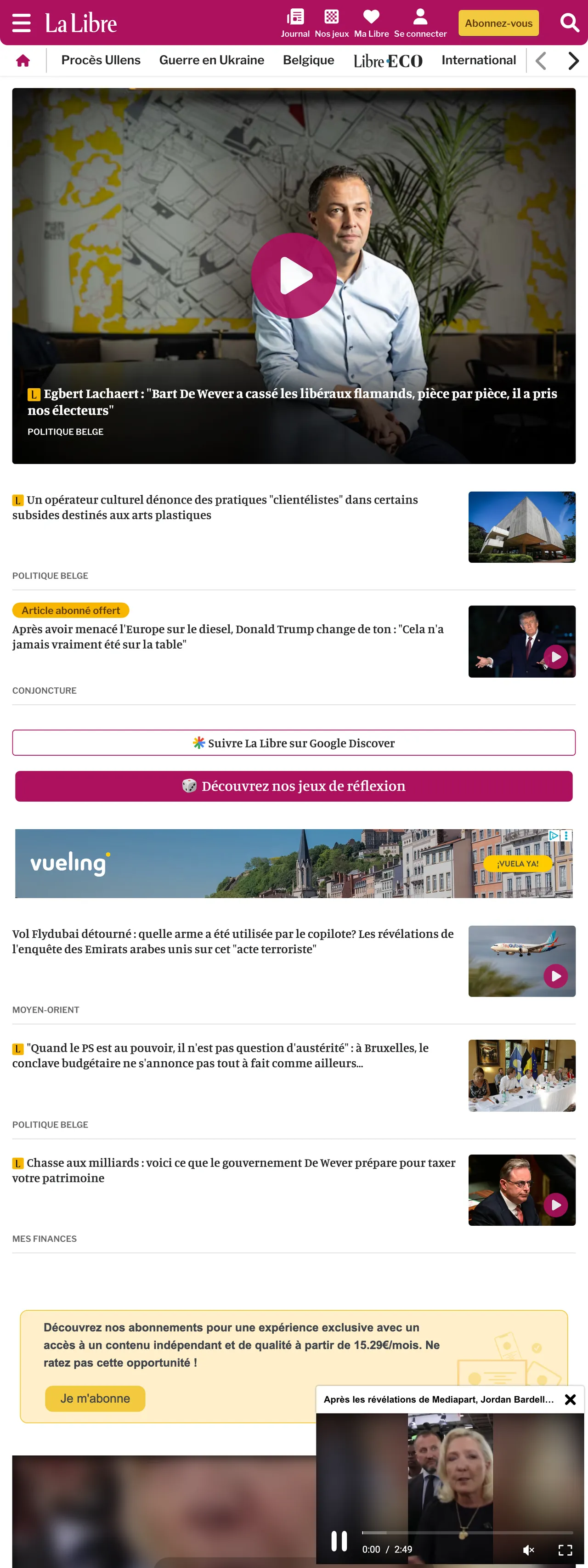 Screenshot of the La Libre front page