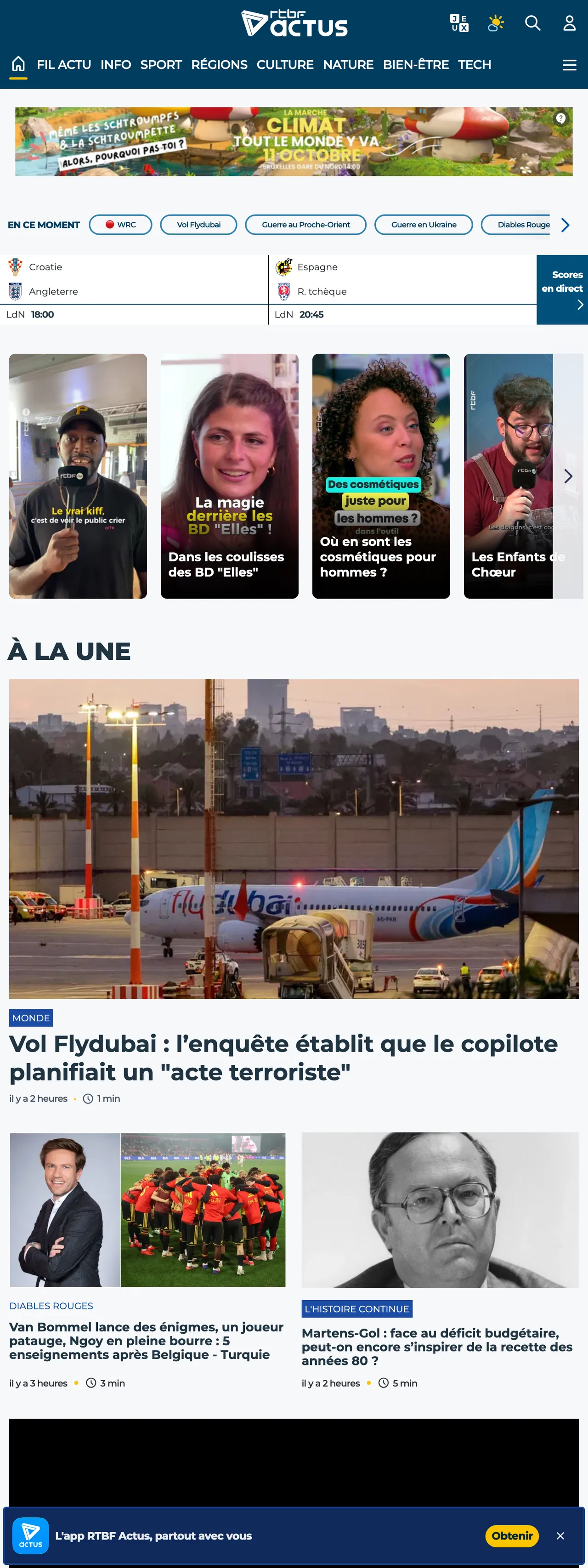 Screenshot of the RTBF front page