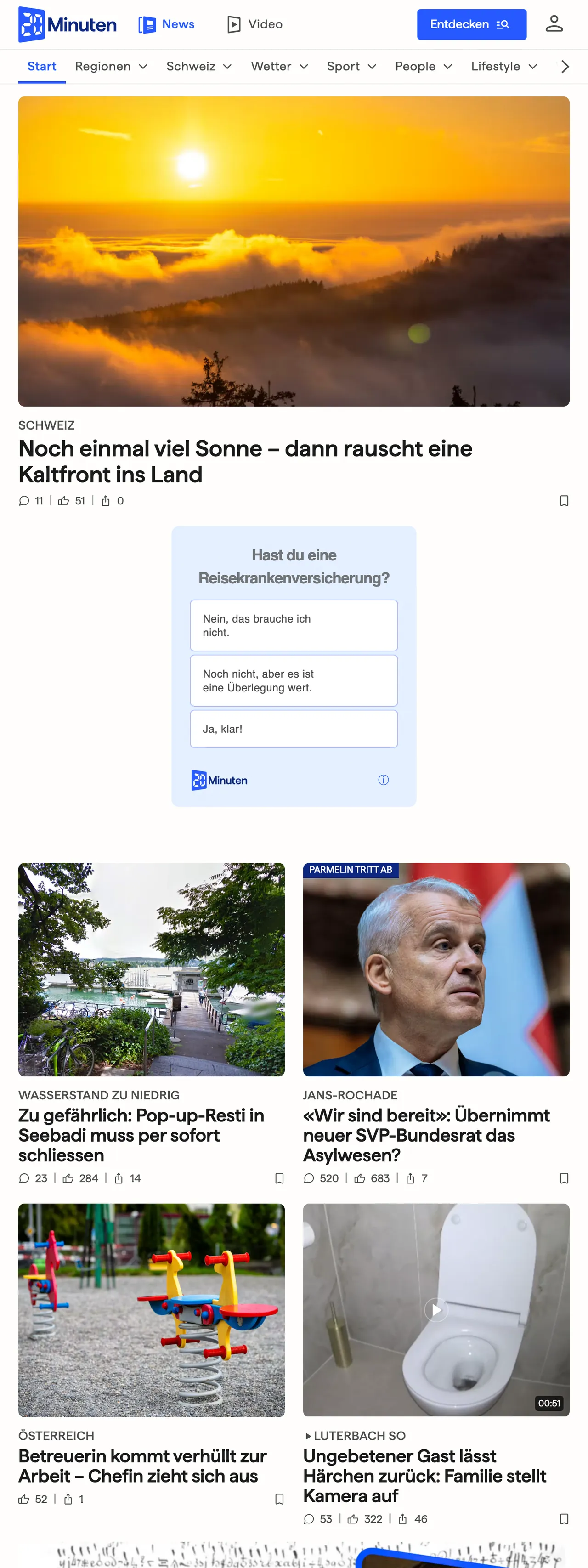 Screenshot of the 20 Minuten front page