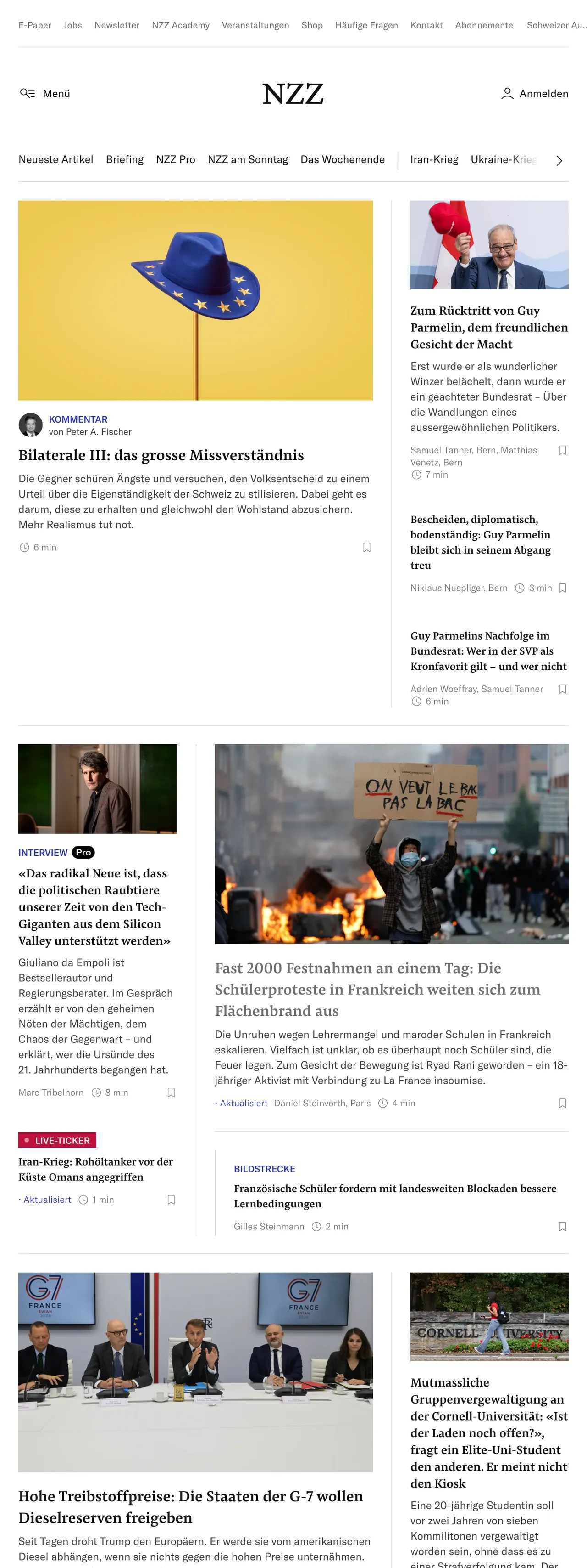 Screenshot of the Neue Zürcher Zeitung front page