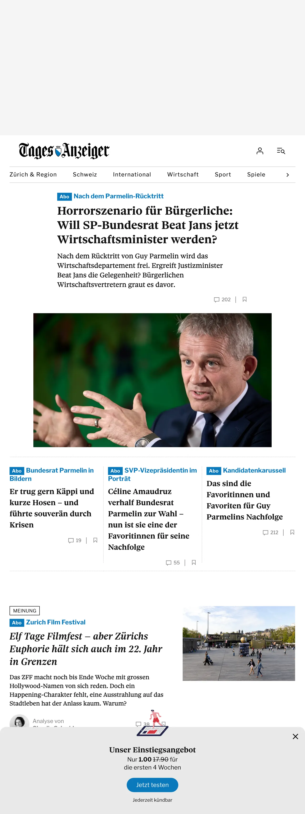 Screenshot of the Tages-Anzeiger front page