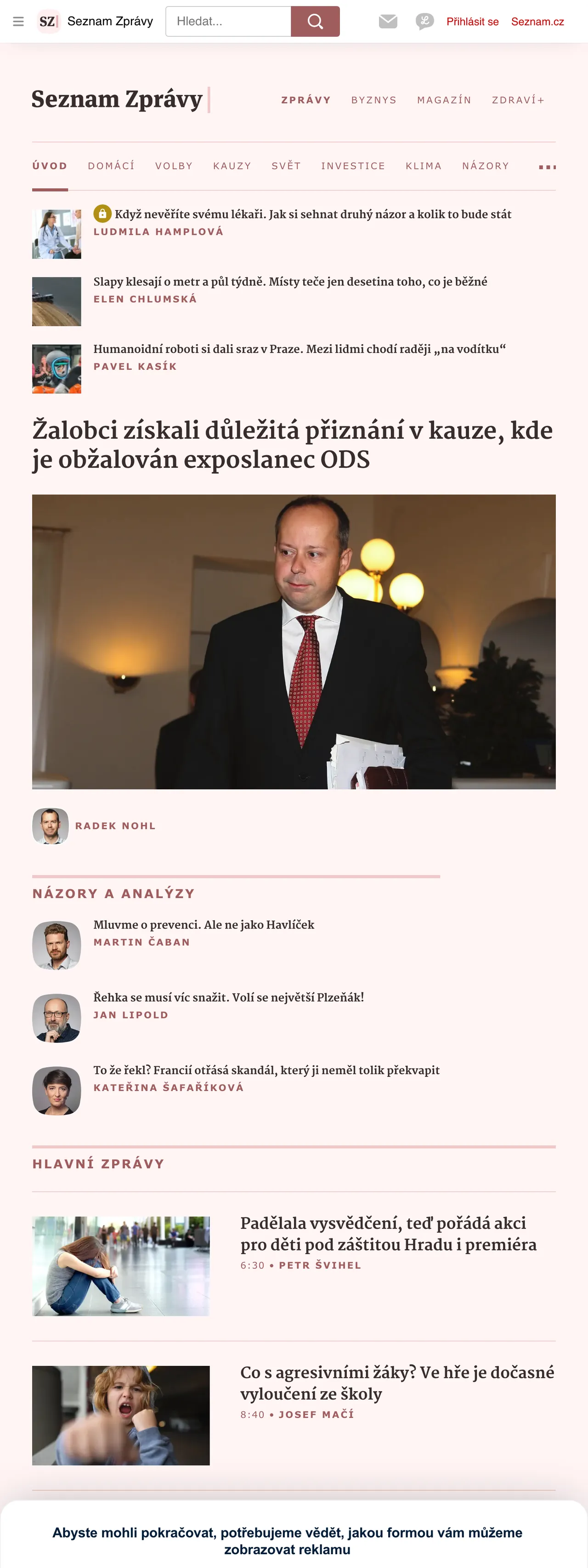 Screenshot of the Seznam Zprávy front page