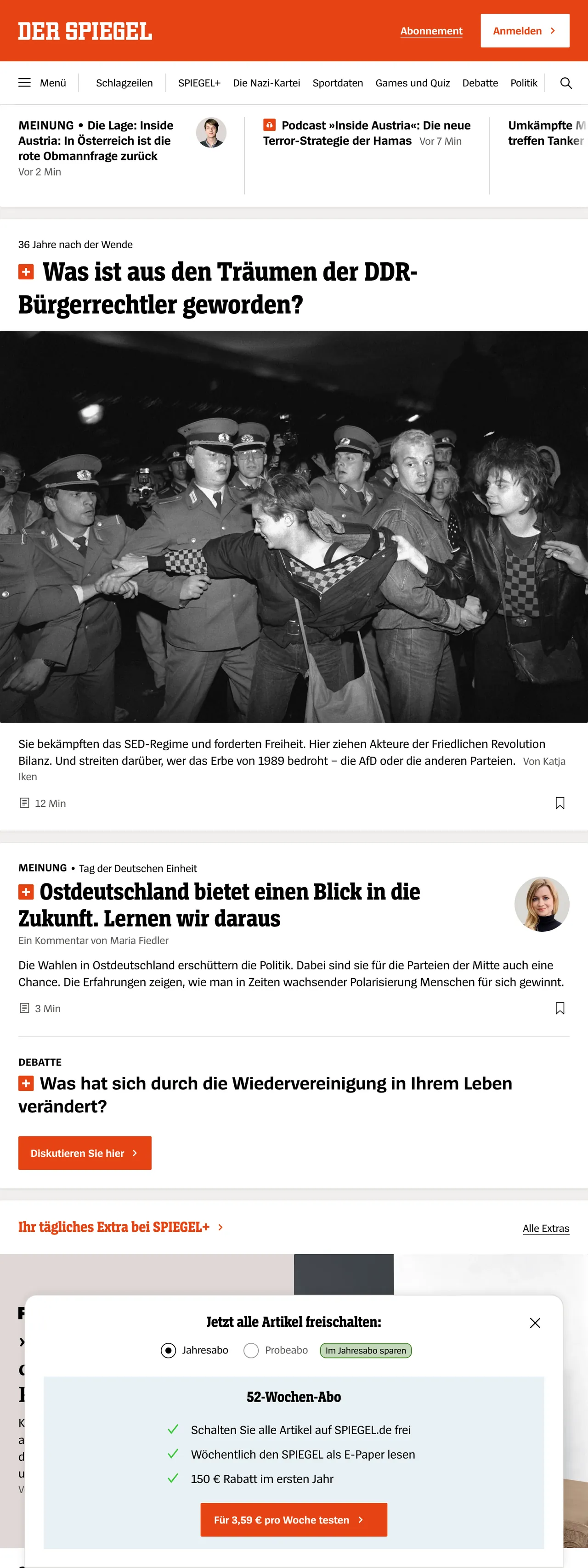 Screenshot of the DER SPIEGEL front page