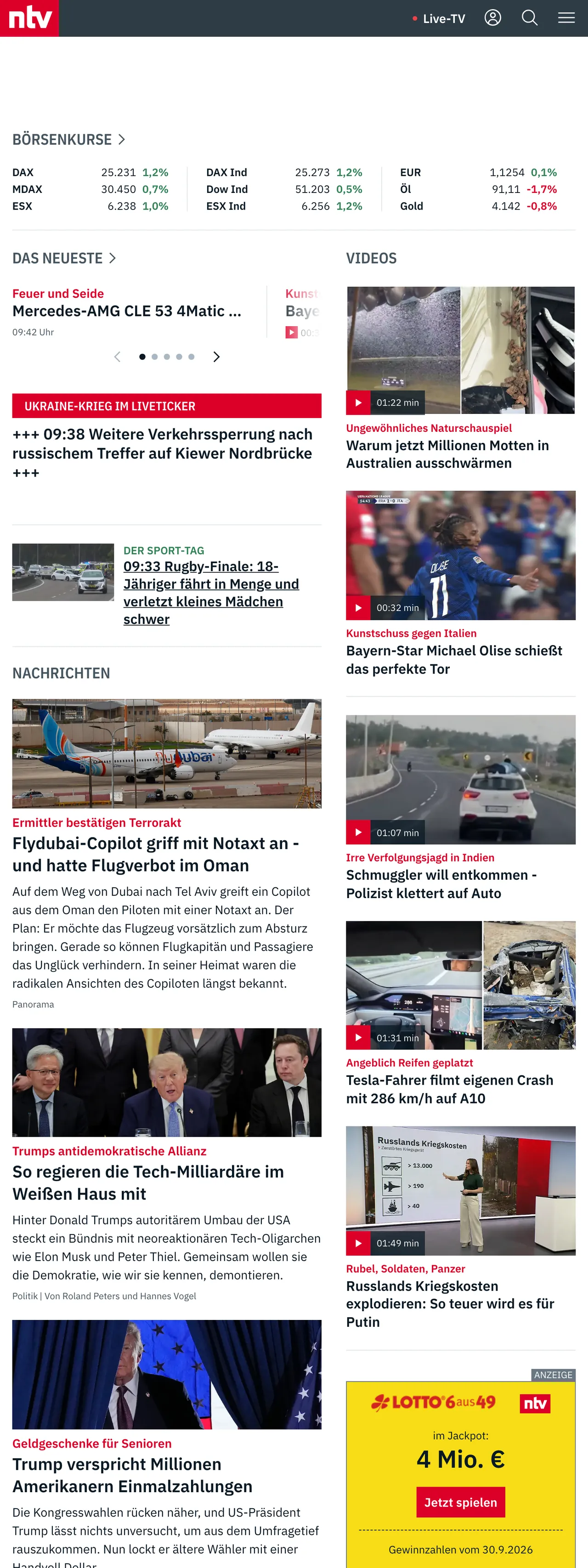 Screenshot of the n-tv front page