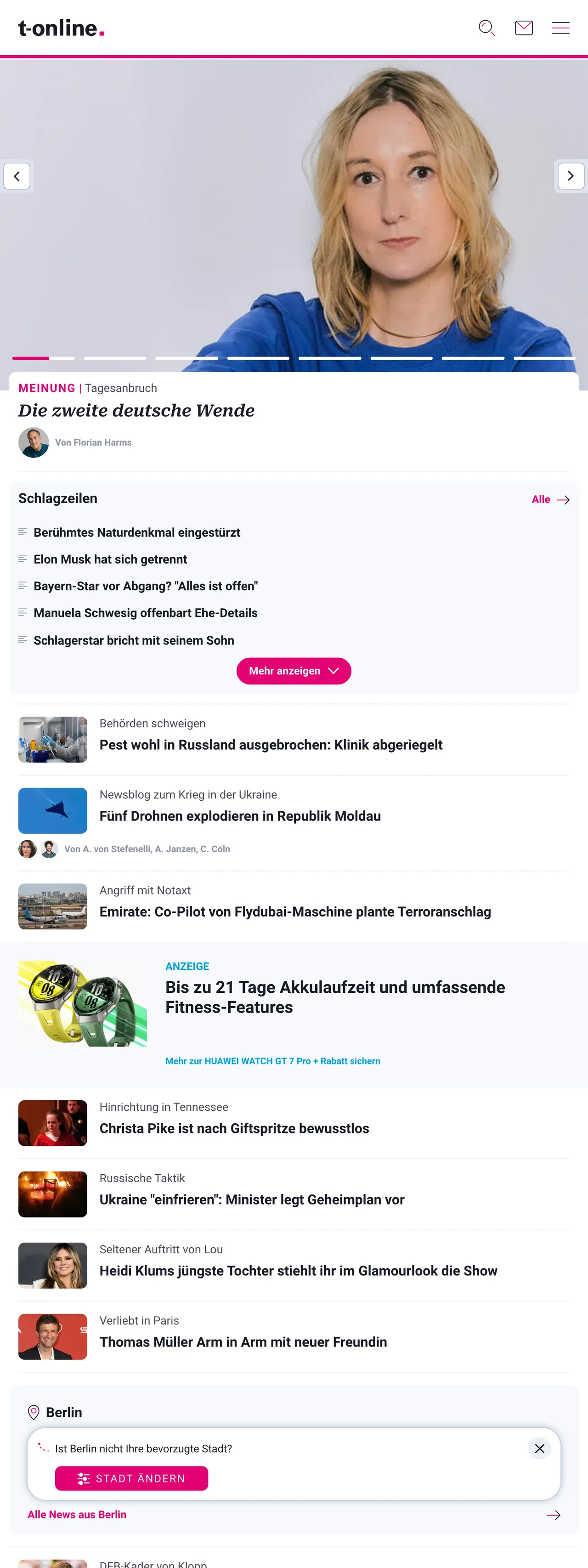 Screenshot of the t-online front page