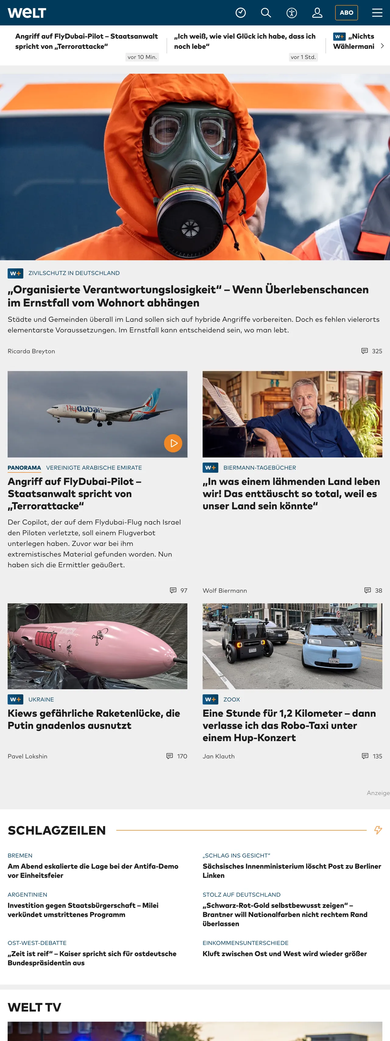 Screenshot of the WELT front page