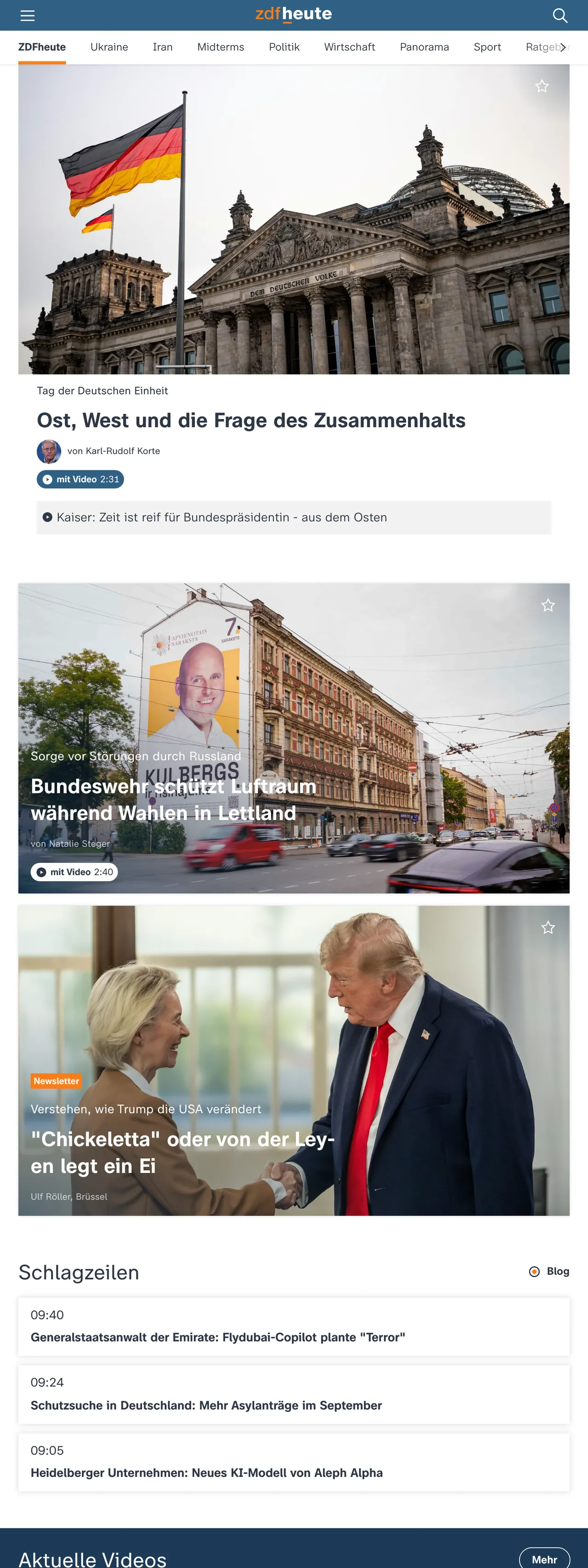 Screenshot of the ZDFheute front page