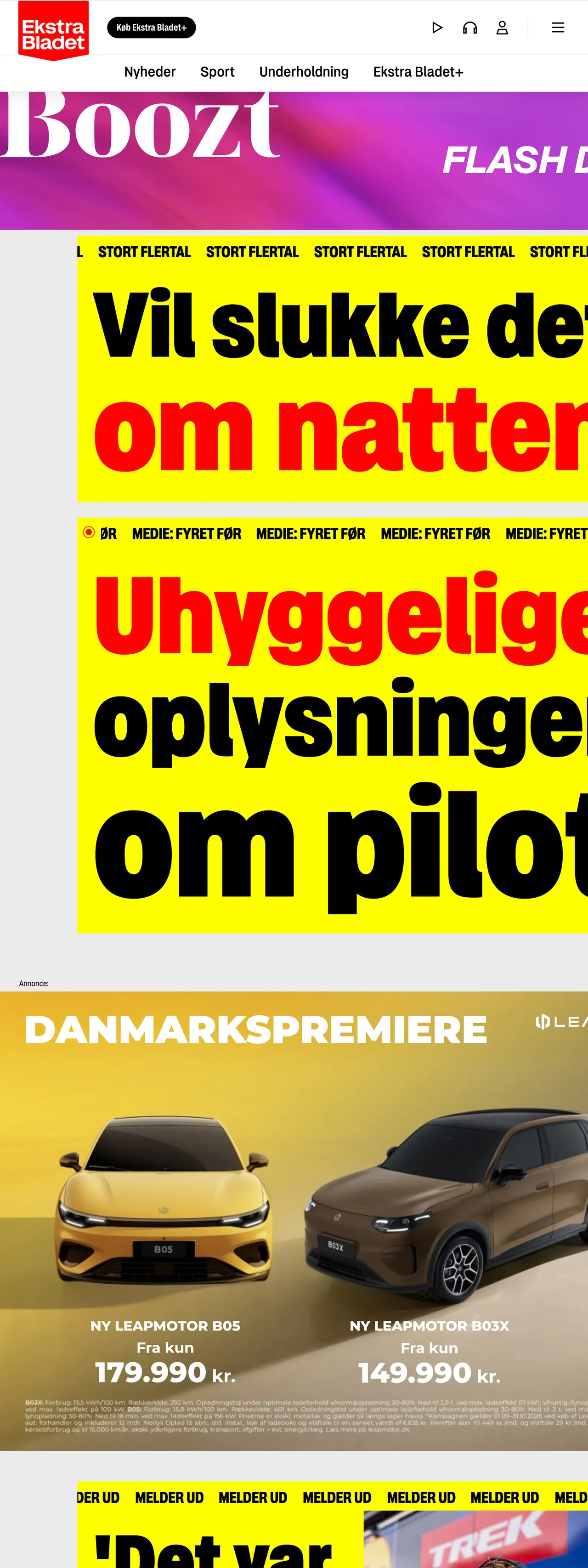 Screenshot of the Ekstra Bladet front page